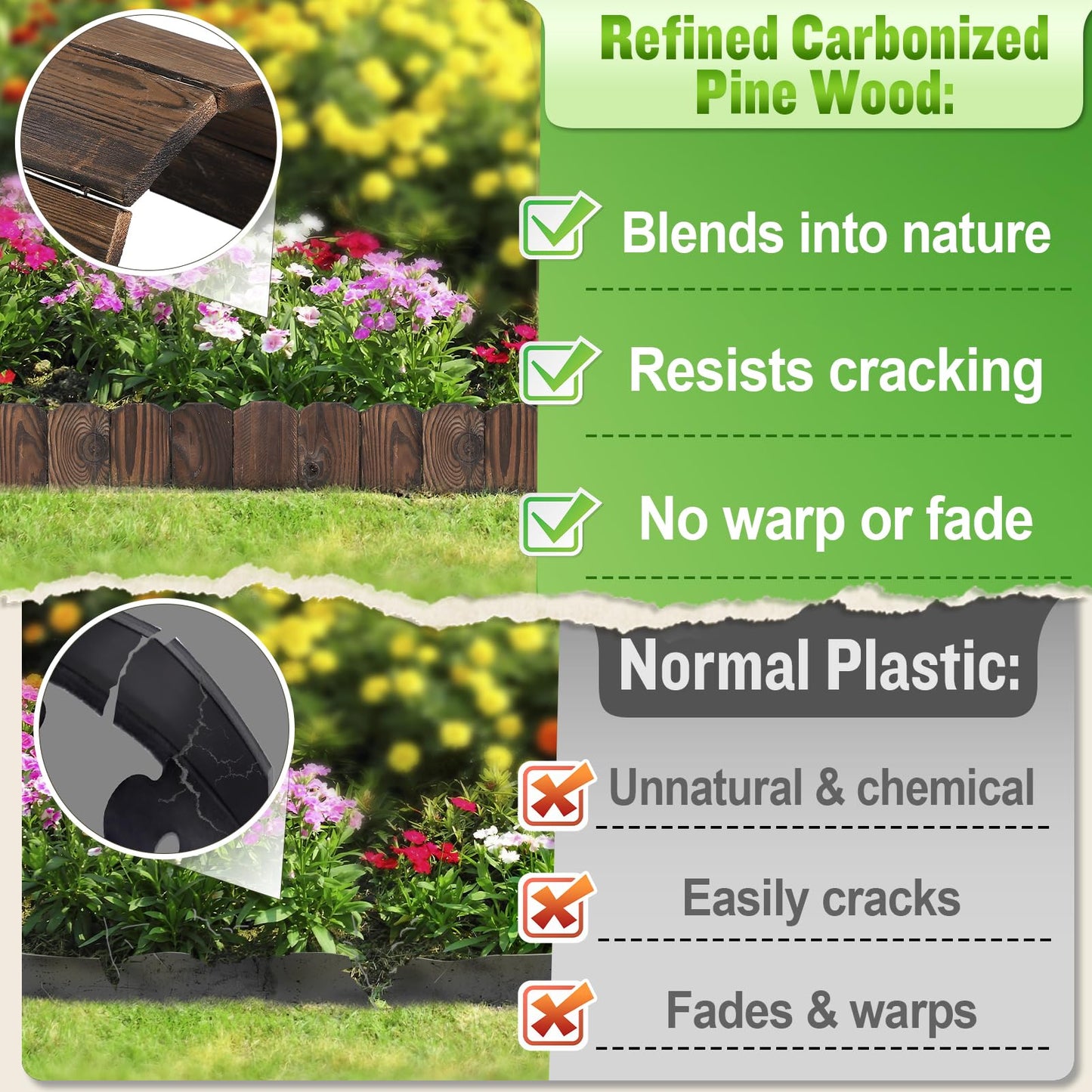 9.6ft L x 3.9in H Landscape Edging - Sturdy Anti-Corrosive Wood Garden Edging Border, Low-Profile Blends into Nature, for Yard Flower Bed Path Decorative Tree Fence, 1 Pack