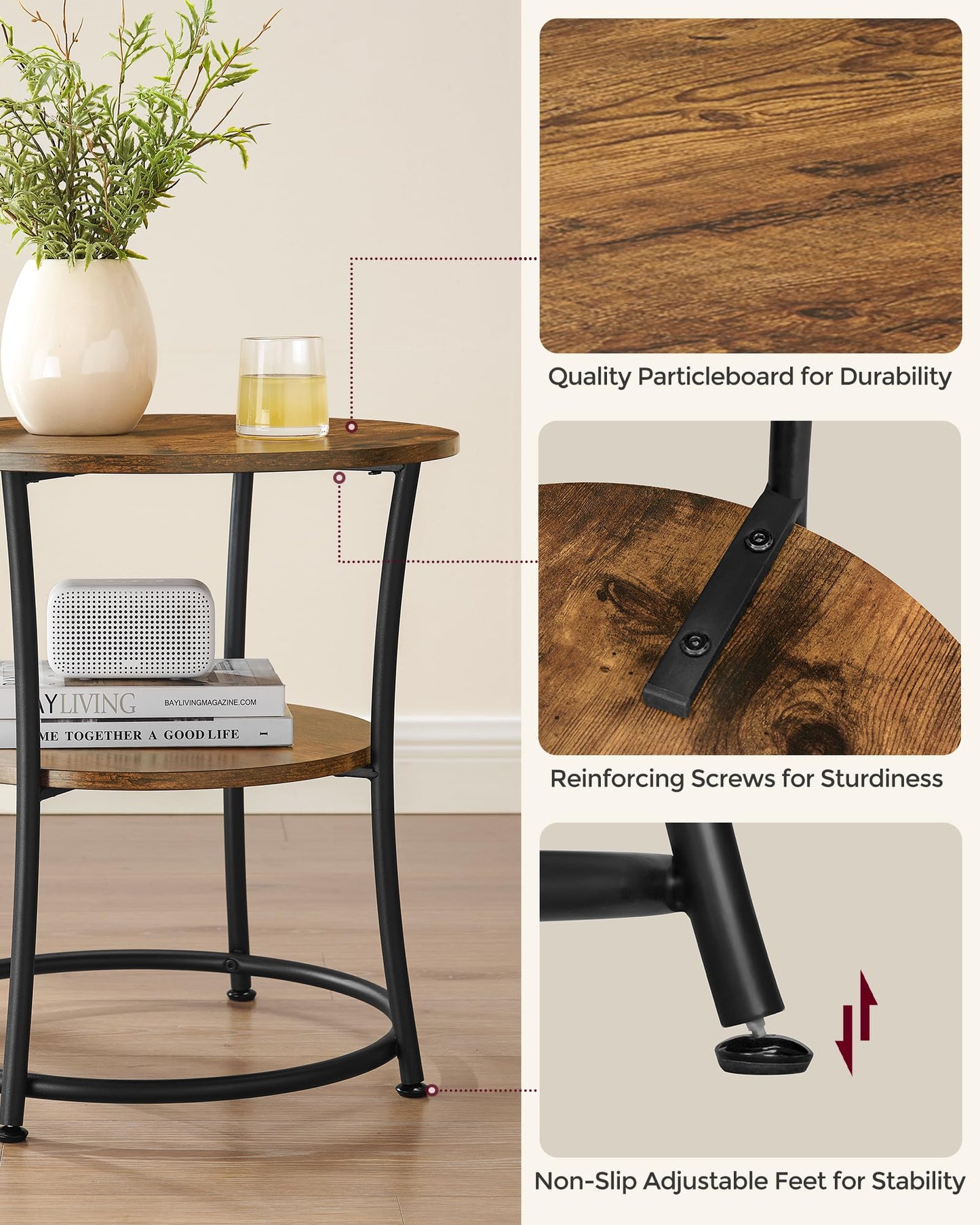 VASAGLE 21.7-Inch Round Side Table, 2-Tier End Table, Nightstand with Steel Frame, Spacious Top, for Small Spaces, Living Room, Bedroom, Rustic Brown and Ink Black ULET56BX