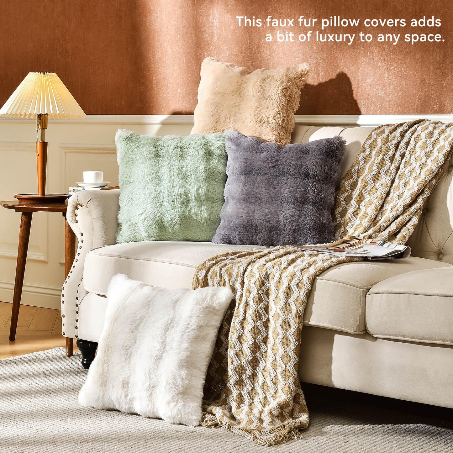 AmHoo Pack of 2 Throw Pillow Covers 3D Dense Faux Rabbit Fur Cozy Super Soft Fuzzy Set Case Cushion for Couch Sofa Bedroom 22 x 22-Inch Cream White