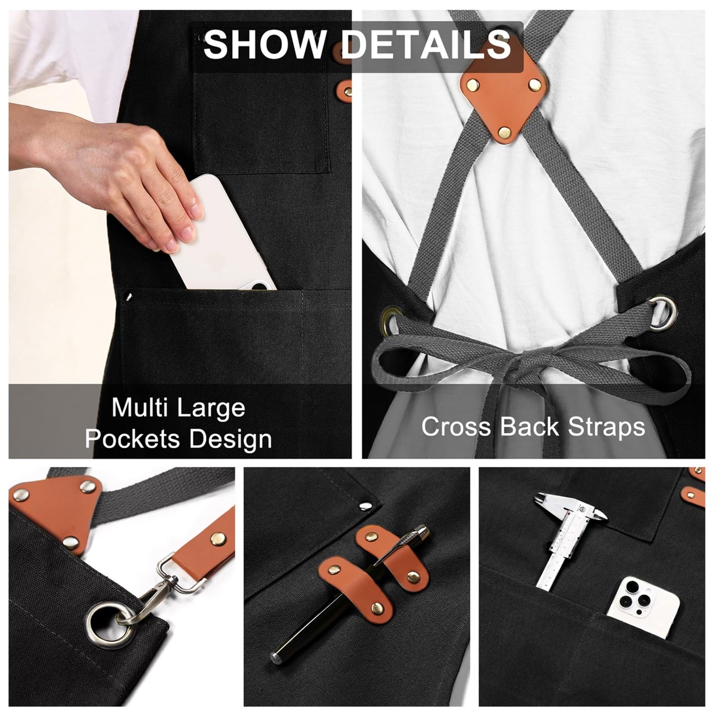 ZOMAO Chef Apron for Women Men with Large Pockets, Cotton Canvas Cross Back Waterproof Work Aprons for Kitchen Cooking Bib (Black)