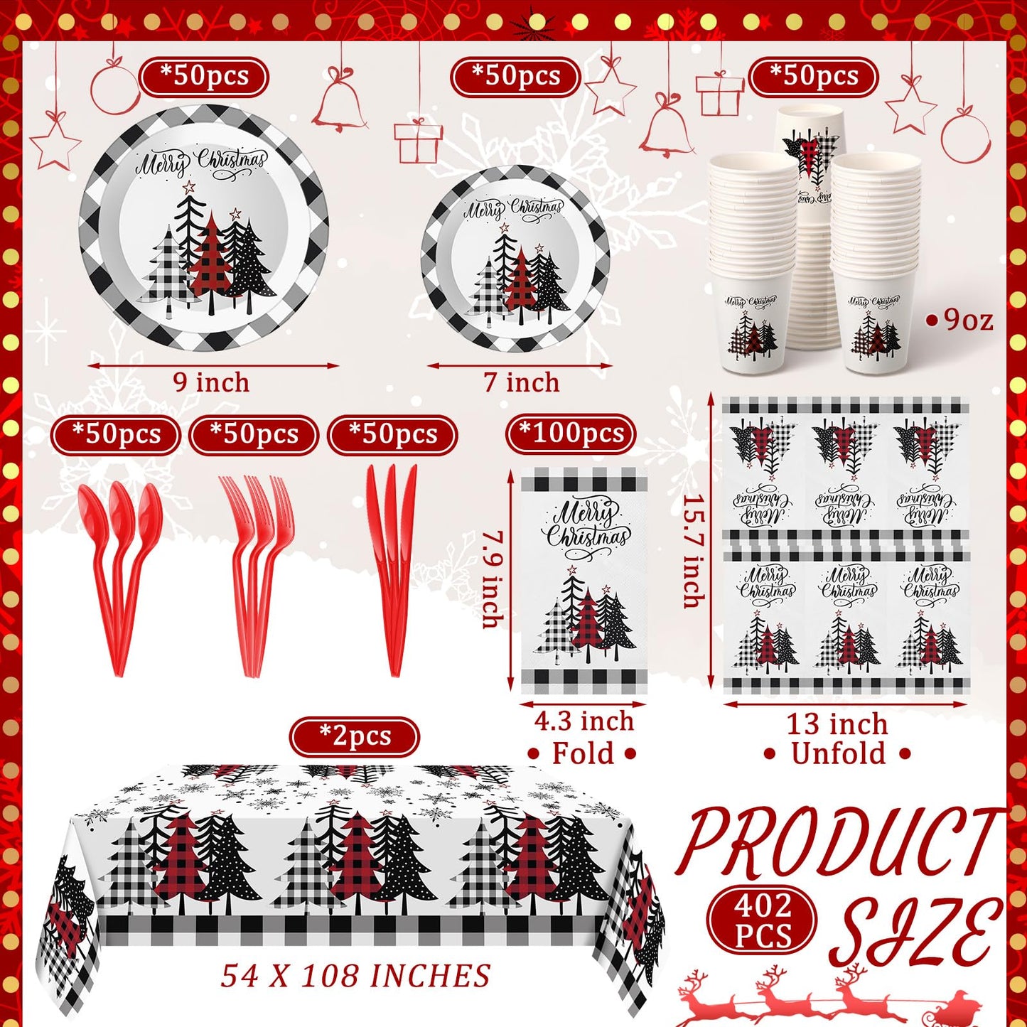 Dandat 402 Pcs Disposable Party Supplies - Christmas Plates Napkins Cups Tablecloth for Holiday Xmas (Black White, Christmas Tree)