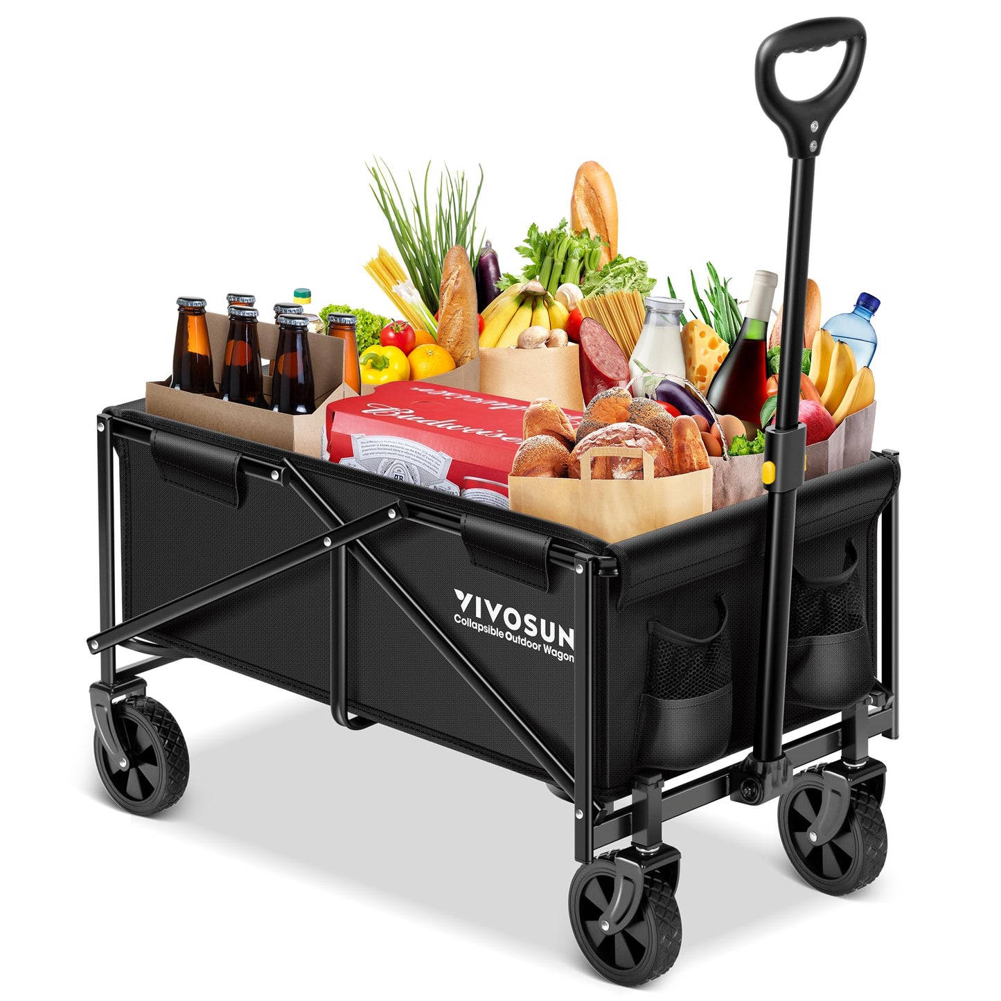 VIVOSUN Collapsible Folding Wagon, Outdoor Utility with All-Terrain Wheels, Adjustable Handle, Cup Holders & Side Pockets, for Camping, Shopping, Garden, 210Lbs Capacity, Black