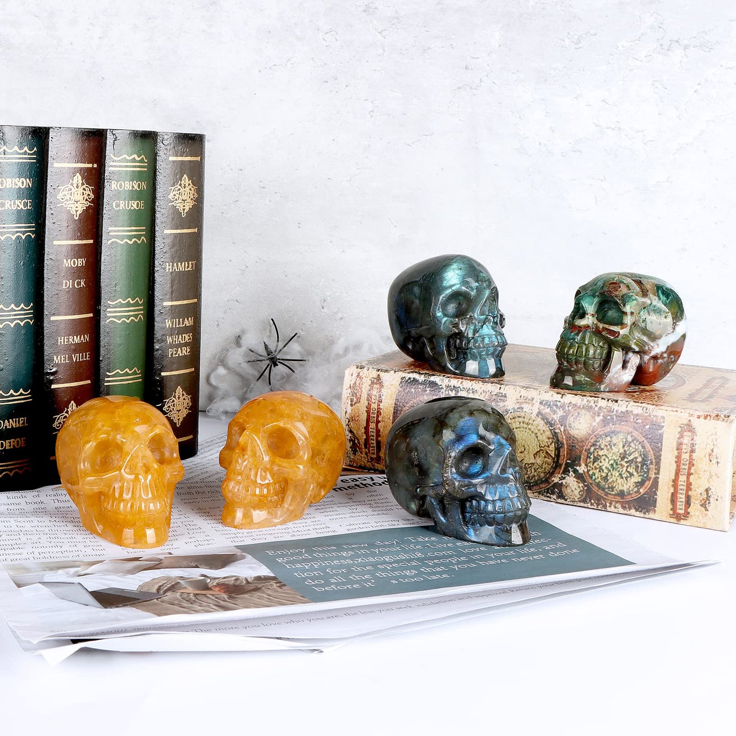 LEADGEM 3.0" Citrine Crystal Skull Figurine Healing Stones Carved Sugar Skull Head Sculpture Decor Day of The Dead Statue Ornaments Decorations