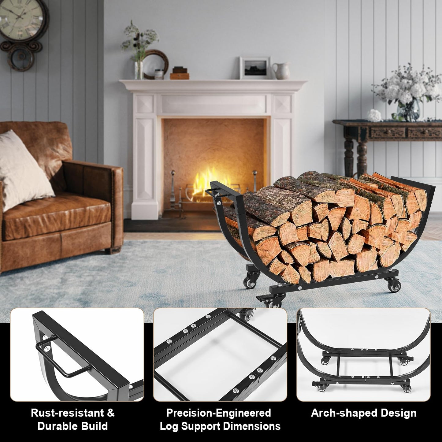 Freudeere 34 Inch Firewood Rack Outdoor Indoor with Handle and Lockable Wheels, Stable Metal Wood Rack Heavy Duty Log Holder for Fireplace Patio Deck, Rustproof Firewood Storage Organizer Tool