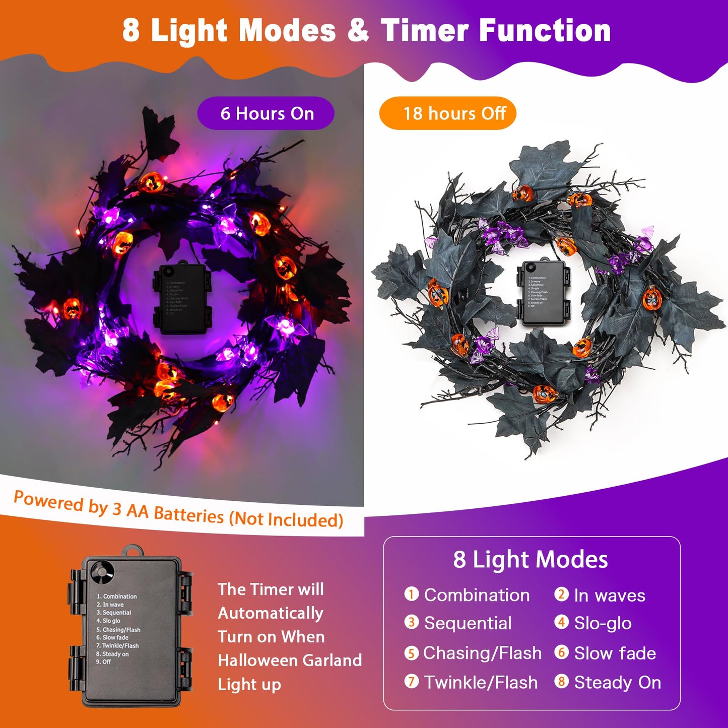 6FT 54 LED Willow Vine Twig Decor Black Halloween Garland with Pumpkin Bat Orange & Purple Light, 8 Modes Waterproof Battery Operated Indoor Halloween Decorations