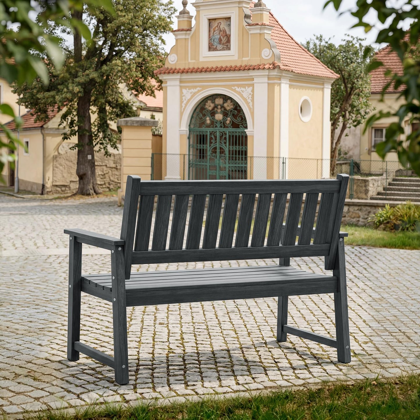ACUEL Outdoor Bench, 2-Person Garden Bench, Poly Lumber Patio Bench for Outdoors, Porch, and Park (Dark Grey)