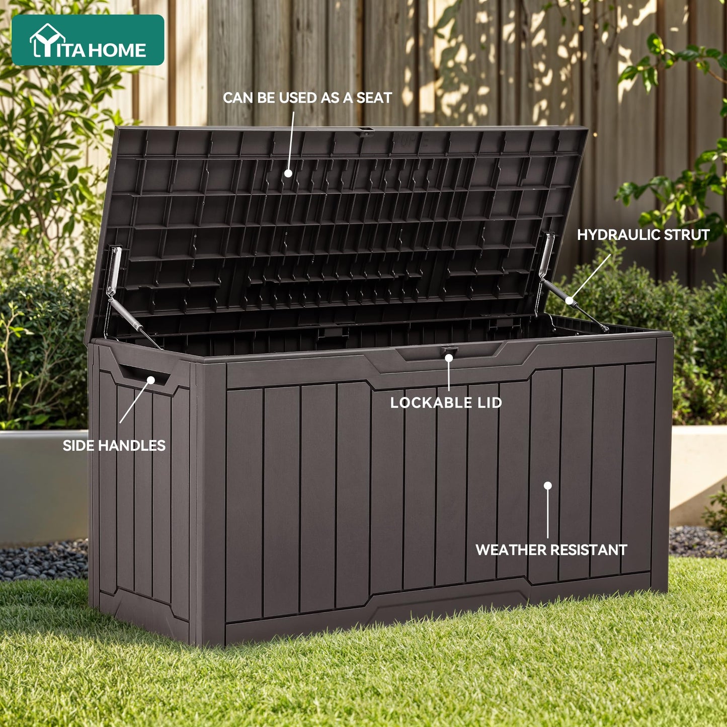 YITAHOME 80 Gallon Outdoor Storage Box, Large Water Resistant Resin Deck Box, Indoor Outdoor Lockable Storage Container for Patio, Garden, Cushions, Tools, Equipment (Dark Brown)