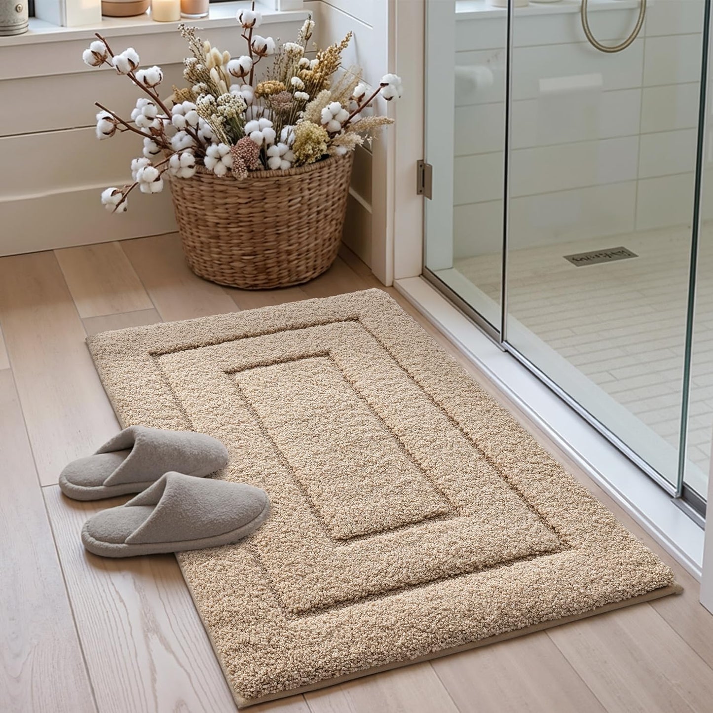 DEXI Bathroom Rug 43x24, Non Slip Washable Bath Mat for Shower Floor, Extra Large Absorbent Soft Bathmat with Rubber Backing, Quick Dry Microfiber Carpet, Beige