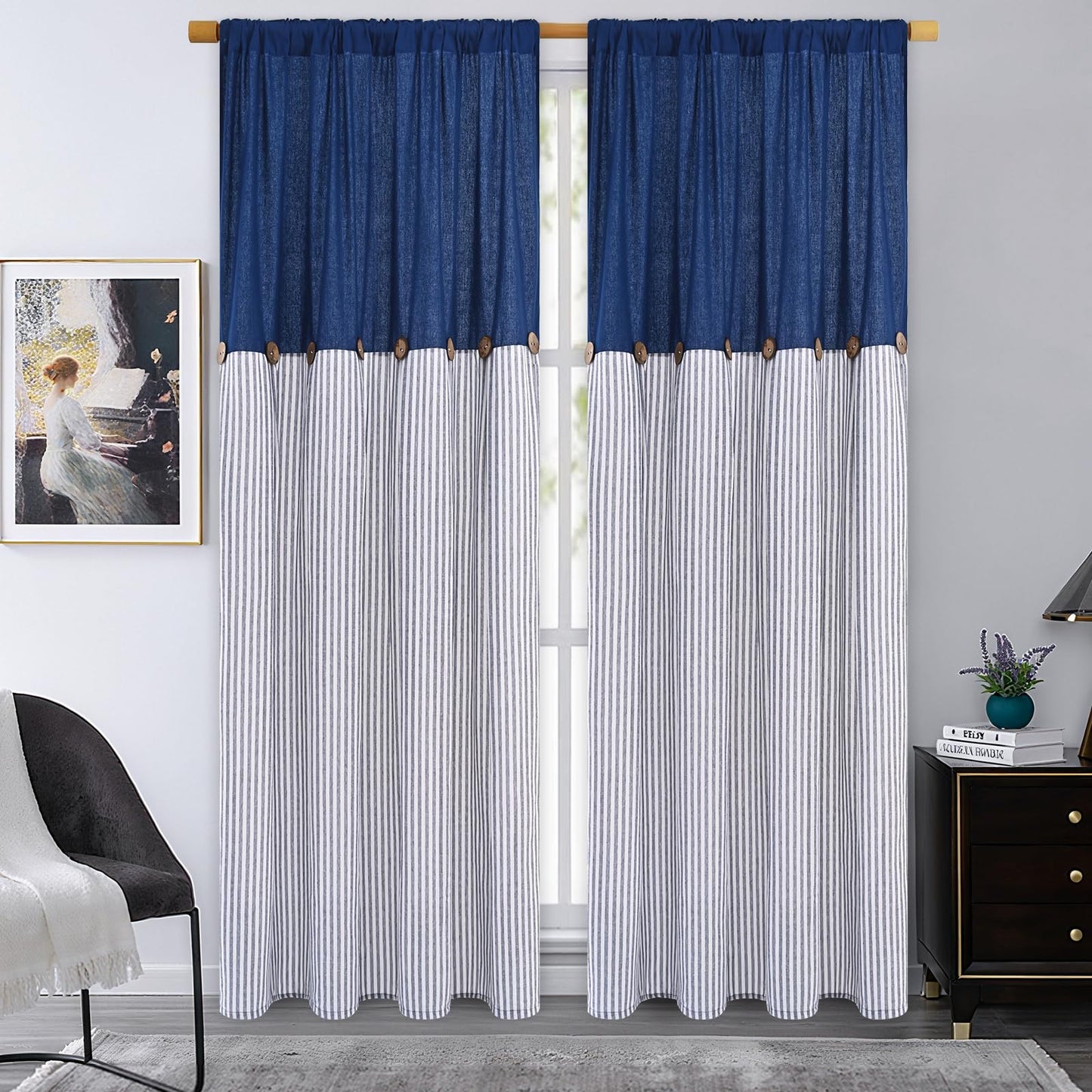 ASPMIZ Cotton Linen Farmhouse Curtains for Living Room, Boho Rustic Button Window Curtain Panels, Blue Striped Curtains for Bedroom, Country Back Tab Modern Drapes for Windows 52 x 84 Inch 2 Panels