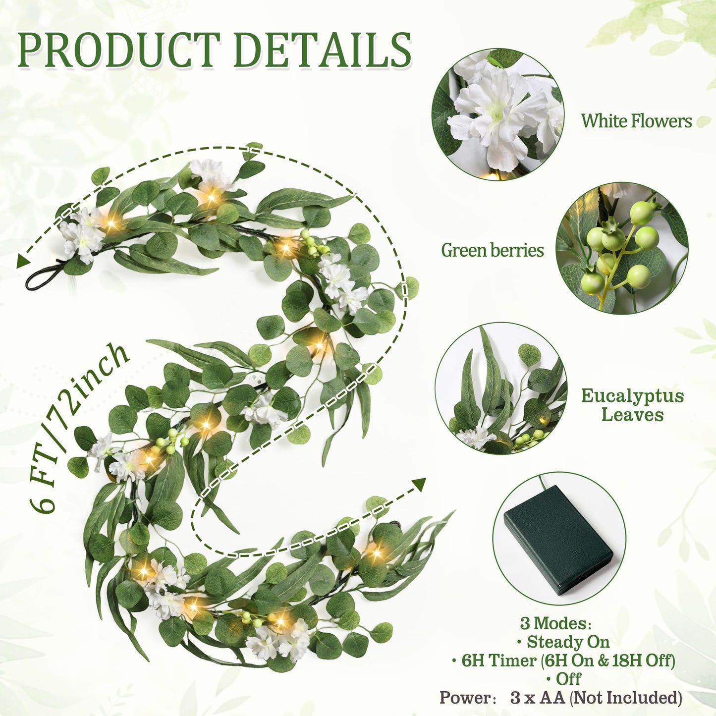 MDSTBN Eucalyptus Garland with Lights, 6FT Spring Garland Eucalyptus Leaves with Flower Berries Artificial Greenery Vine for Mantle Porch Wall Wedding Arch Backdrop Table Decoration
