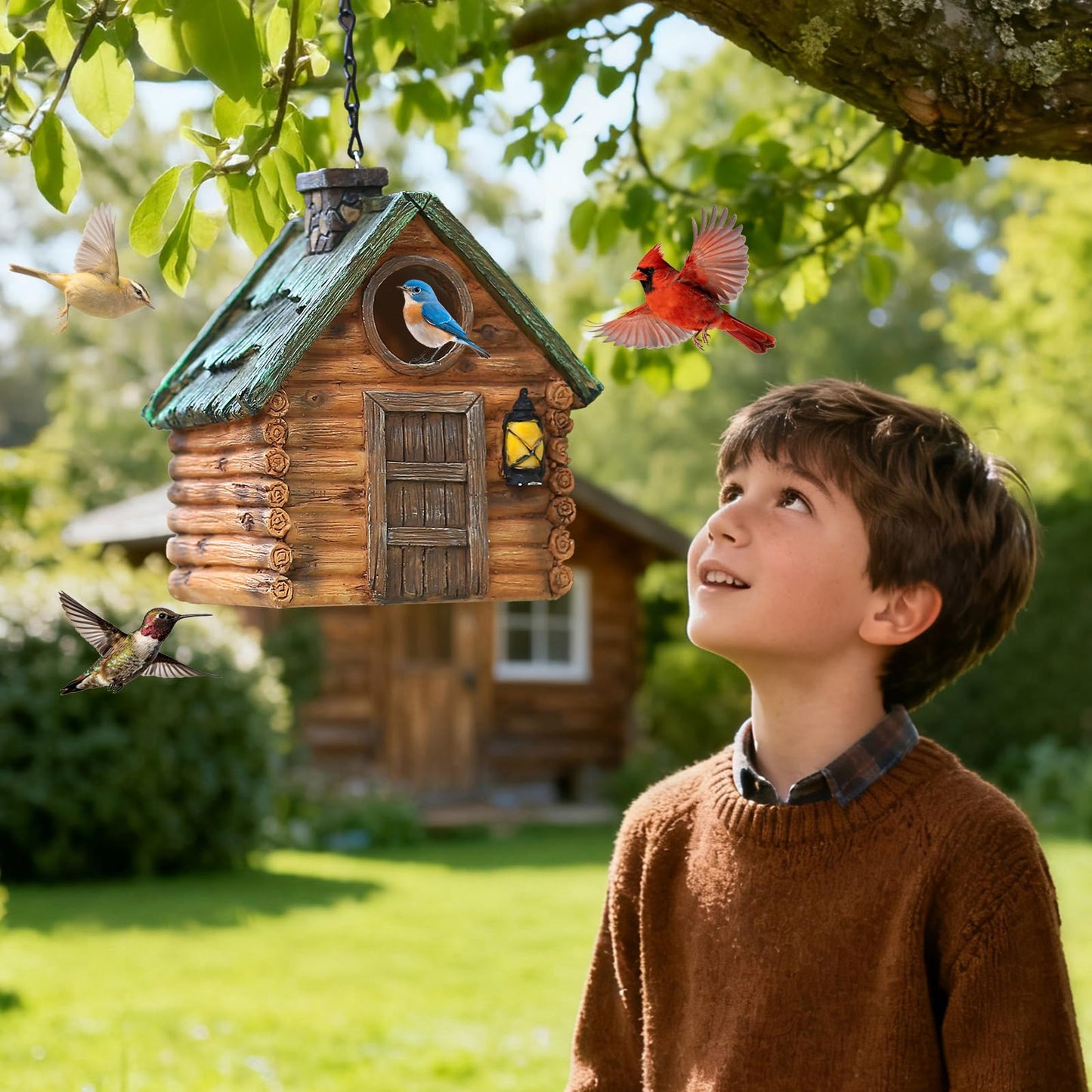 Bird Houses for Outside Real Wood-Look Resin Bird House with Hanging Chain – Waterproof & Durable Forest Birdhouses for Outdoors for Bluebird Finches Cardinals Bird Nesting Garden, Patio, Yard