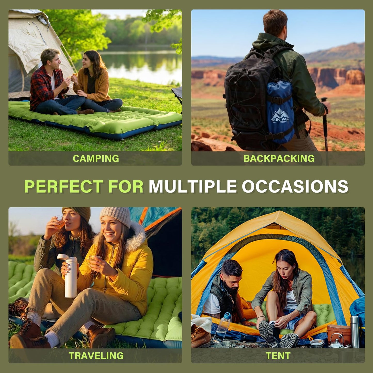 FUN PAC Camping Sleeping Pad, Ultralight Camping Mat with Pillow, Built-in Foot Pump Inflatable Sleeping Pads Compact for Camping Backpacking Hiking Traveling Tent,Single,Green