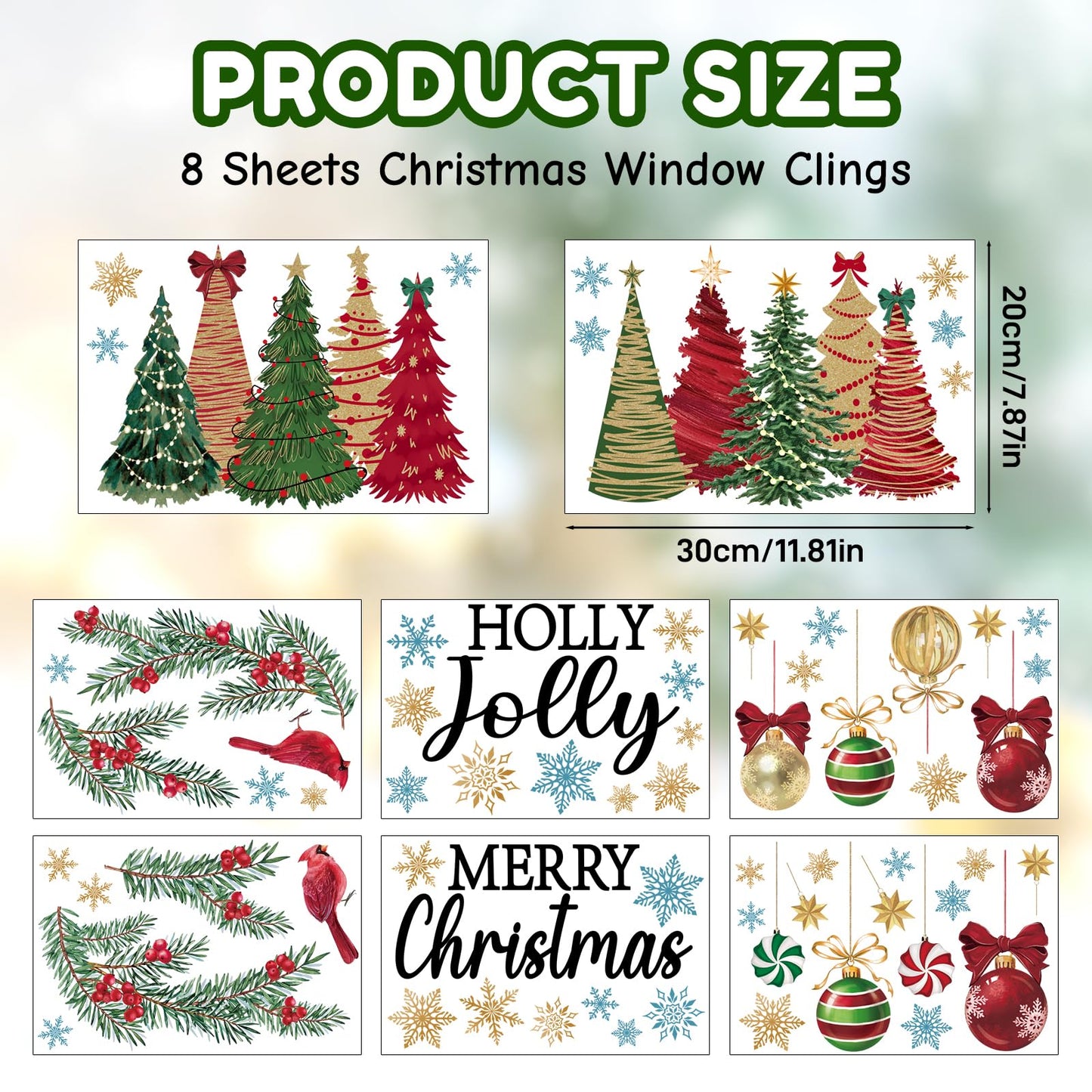 Feivando 8 Sheets Christmas Window Clings Stickers Winter Snowflake Merry Christmas Tree Xmas Window Decals for Holiday Party Home Office Shop Glass Display Decoration