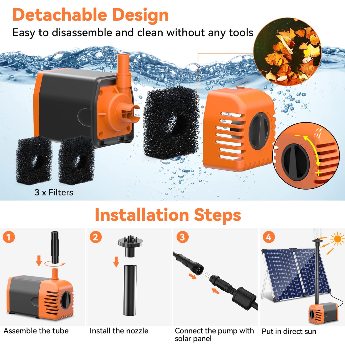 POPOSOAP Solar Fountain Pump 35 Watt, 480GPH Solar Water Pond Pump with PVC Tubing 4 Spray Heads 16.5ft Cable Length for Garden Pond Fountain Waterfall Hydroponics Pool