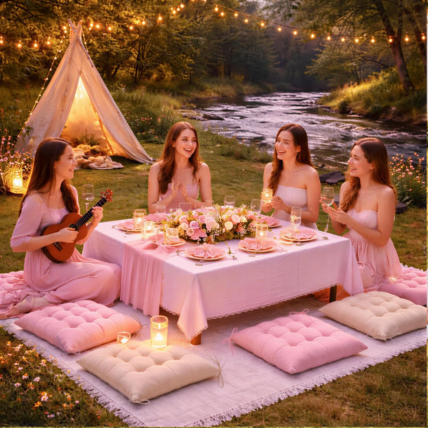 Yebo 91 x 71'' Extra Large Picnic Blanket with Sheer Table Accent, Lightweight Napkins and 6 Soft Floor Cushions Cushions for Parties, Weddings, Birthdays & Backyard Gatherings