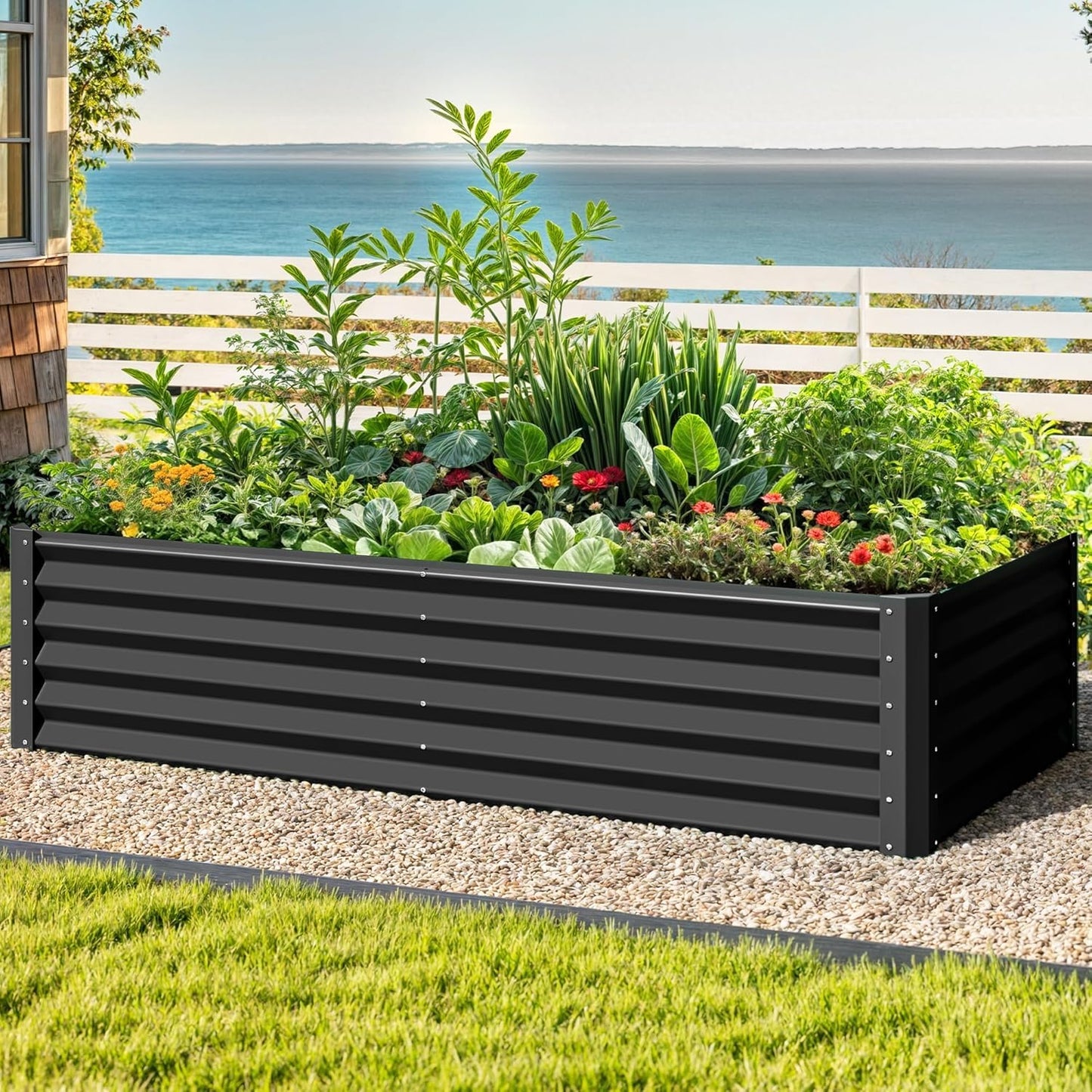 DWVO 6 x 3 x 1.5 FT Raised Garden Bed Kit, Outdoor Galvanized Flower Bed with Gloves, Large Metal Planter Box for Vegetables, Flowers, Herbs, Fruits, Black