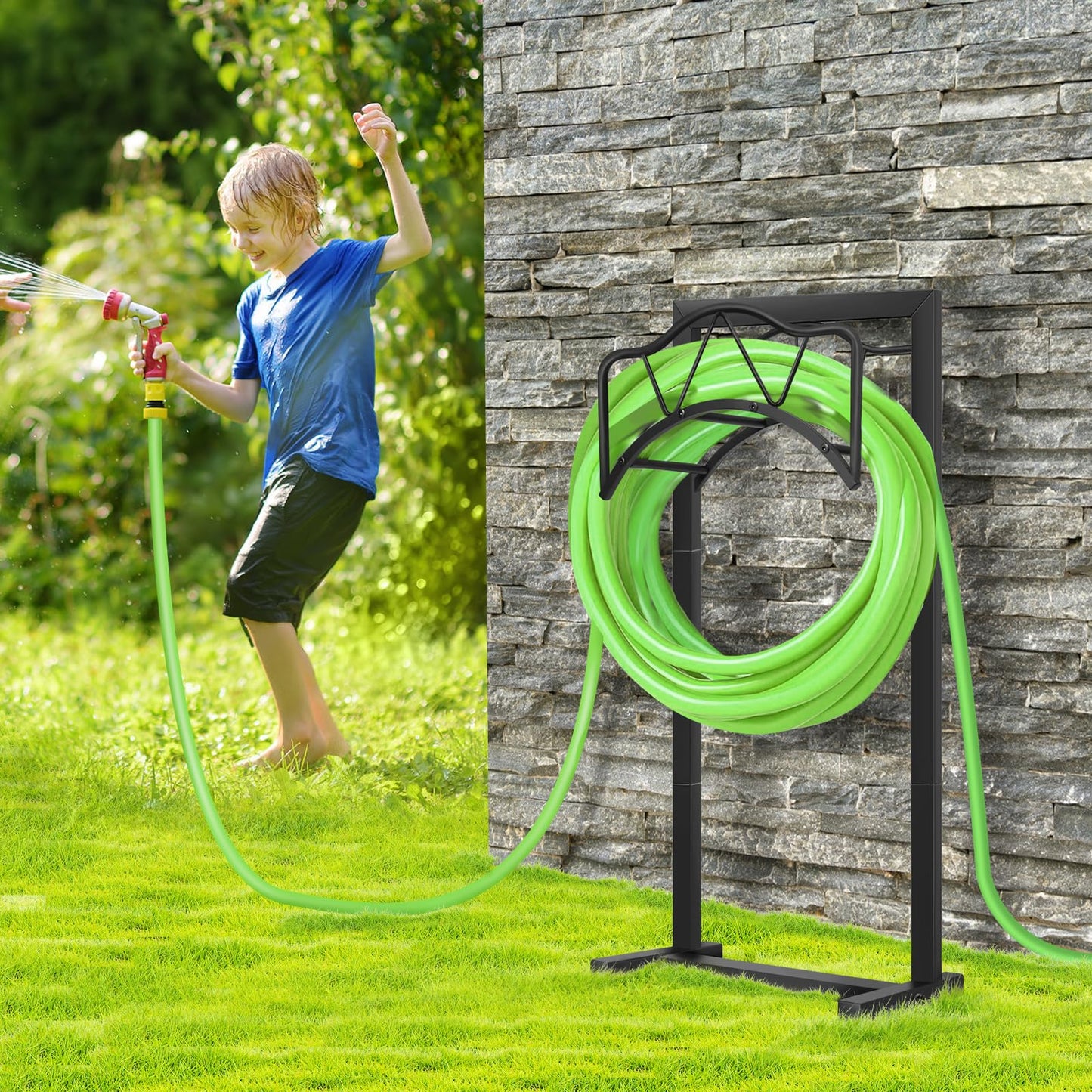 Freestanding Outdoor Garden Hose Holder, Heavy Duty Metal Storage Stand with 4 Spikes, Space Saving Organizer for Patio, Lawn, Backyard, Holds up to 150ft Hose, Black
