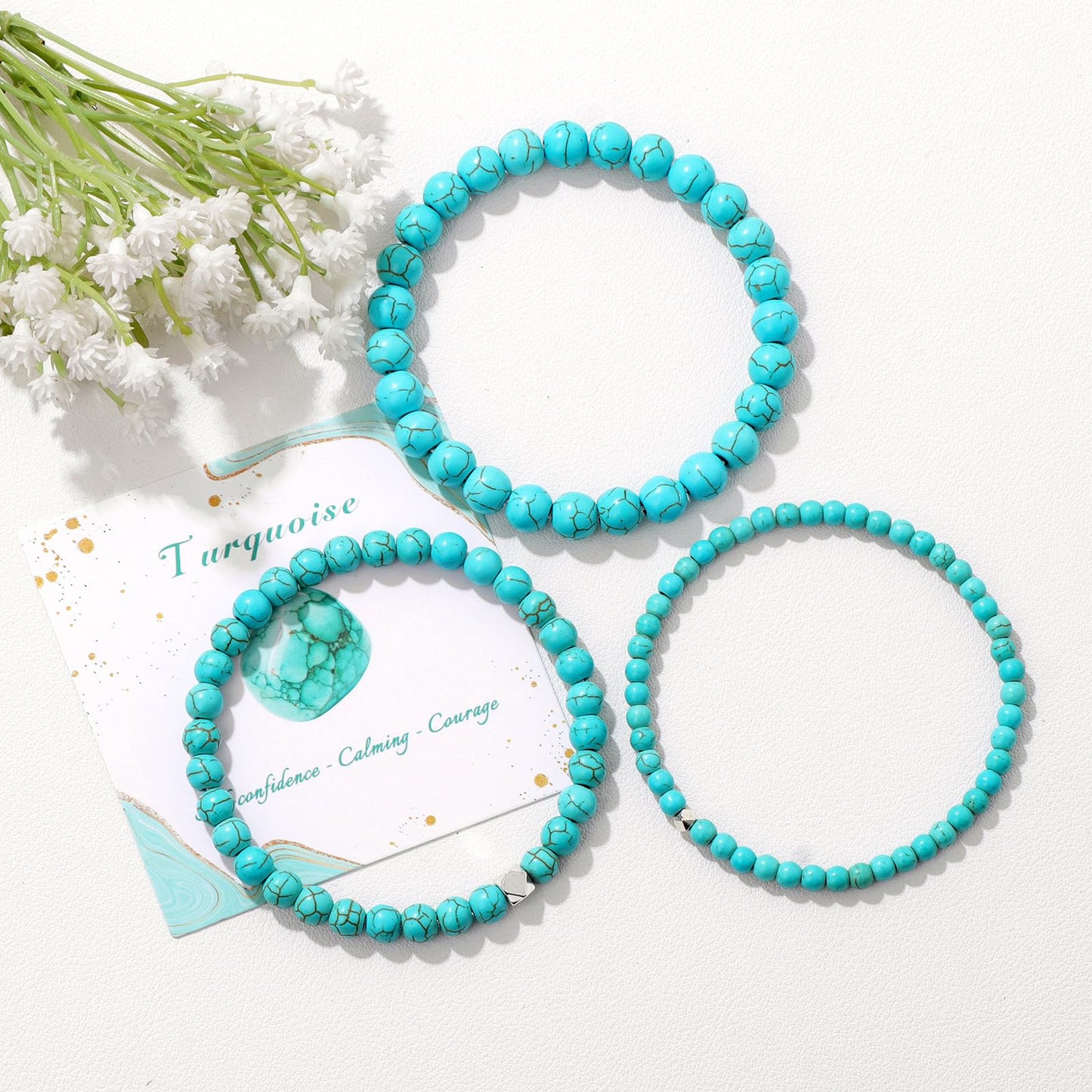 Raicegs 4MM Turquoise Beaded Bracelets Healing Crystal Bracelet for Women Men Natural Stone Handmade Stretch Bracelet Reiki Spiritual Jewelry