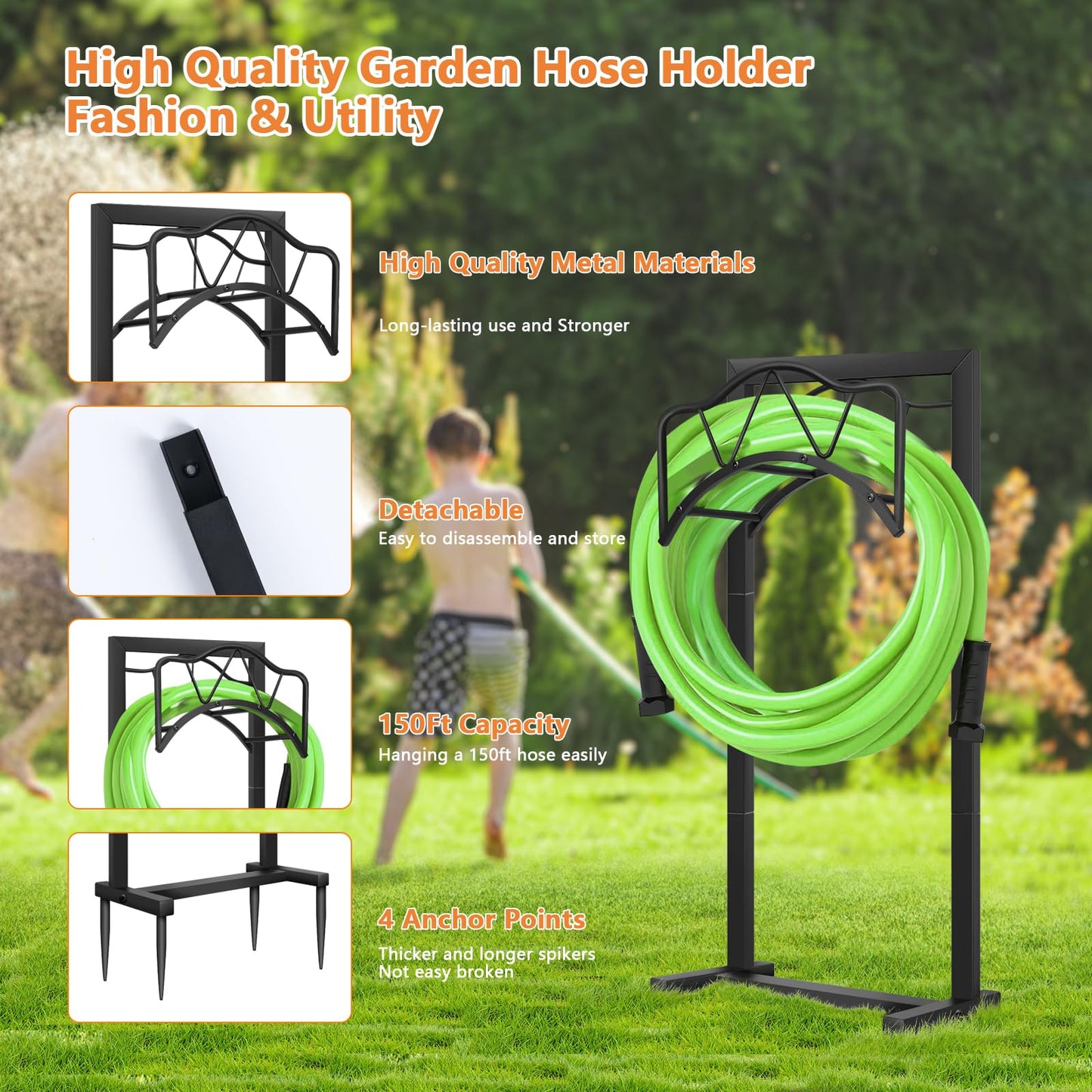 Freestanding Outdoor Garden Hose Holder, Heavy Duty Metal Storage Stand with 4 Spikes, Space Saving Organizer for Patio, Lawn, Backyard, Holds up to 150ft Hose, Black
