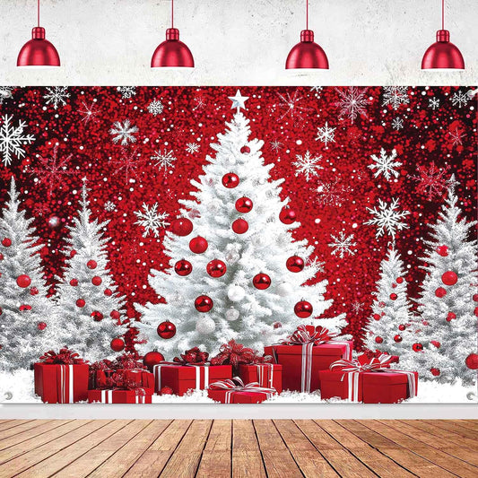 LDWLYW Snowy Christmas Backdrop Merry Christmas Holiday Birthday Party Decorations Banner Large Red White Snow Xmas Tree Winter Photography Background Wall Decor Photo Props 5x3ft