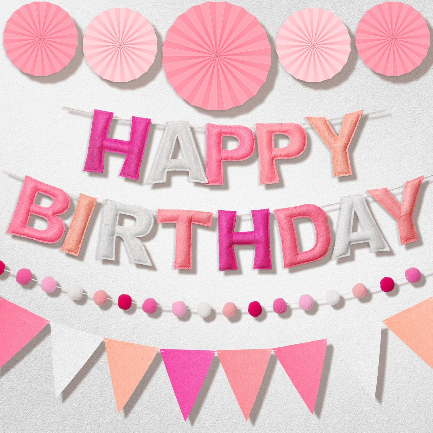 Danadia Pre-Strung Happy Birthday Banner, Reusable Felt Birthday Party Decorations, 3D Effect Happy Birthday Sign with Felt Ball Garland, Pennant Flag, Hanging Paper Fans for Men Women Boy Girls (Pink)