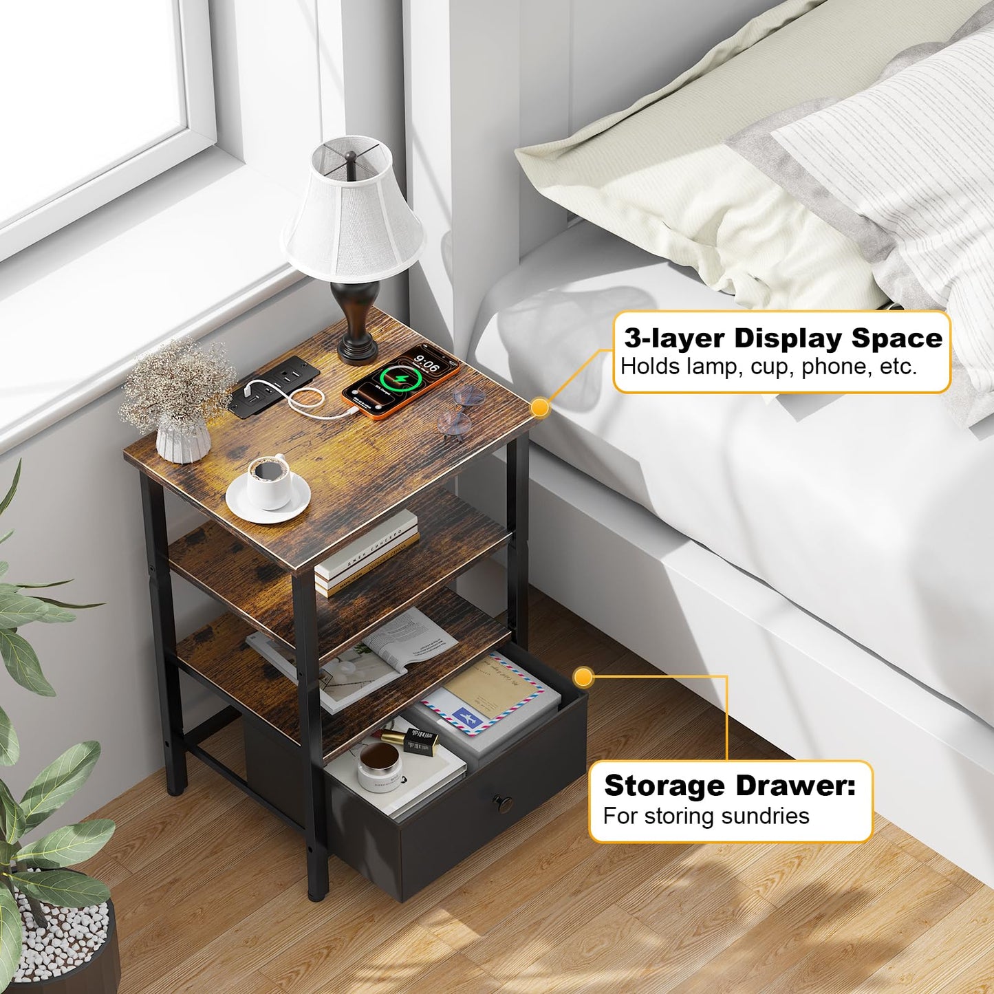 Tensirock Side Table with Charging Station, Nightstand with Adjustable Fabric Drawer, Bedside Table for Bedrooms, Living Rooms & Home Decor (Brown Black)