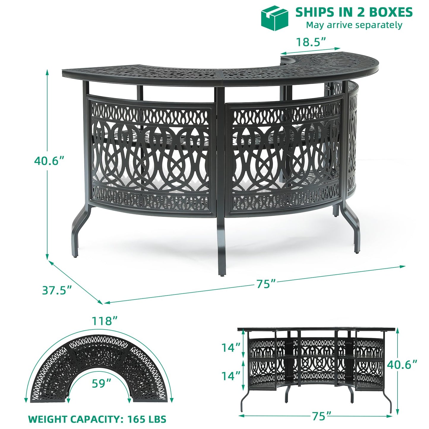 VIVIJASON 75" Large Outdoor Half Moon Bar Table, Heavy-Duty Cast Aluminum Patio Bar Unit with 2-Tier Storage Shelves, All-Weather Garden & Poolside Entertainment Station, Dark Bronze
