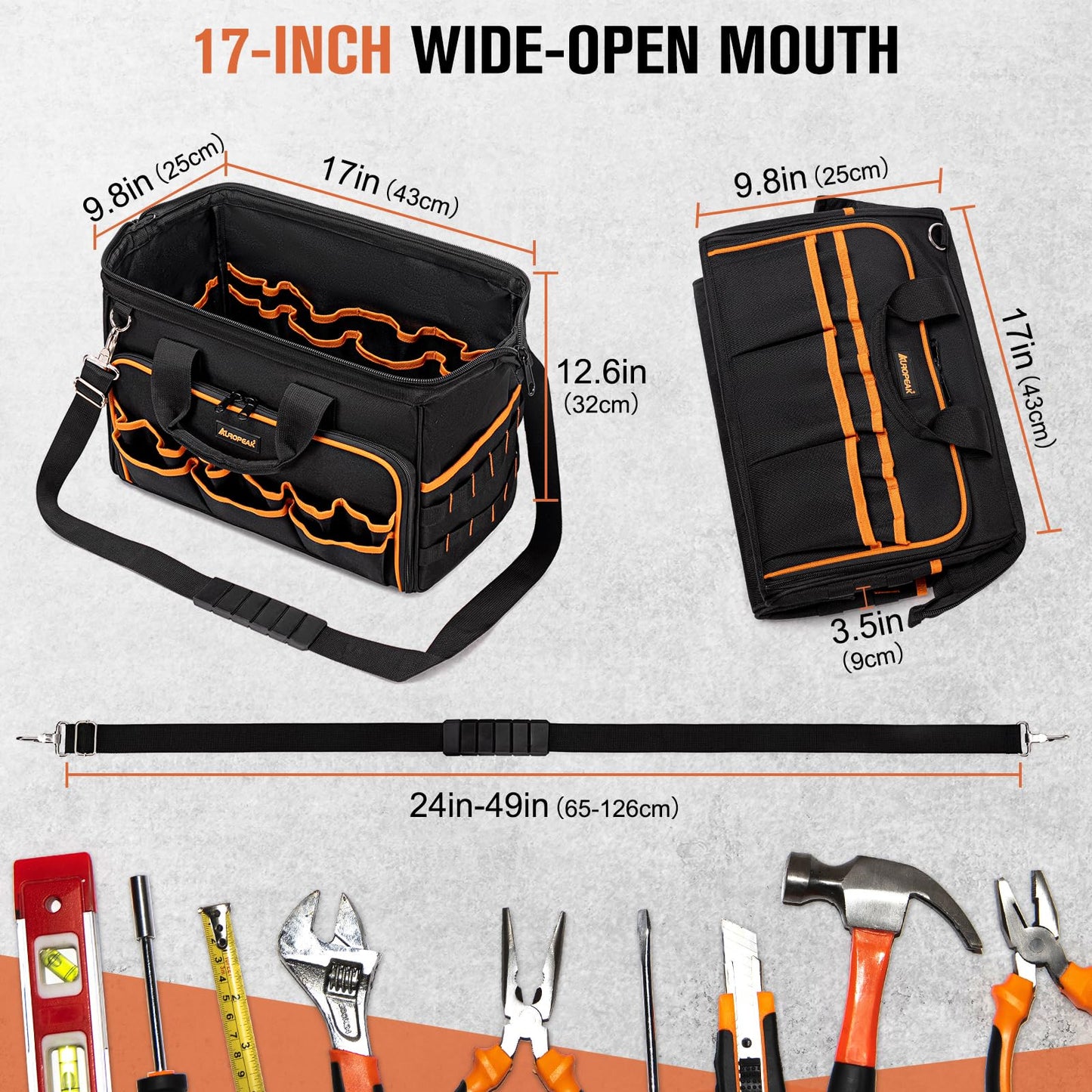 17-Inch Electrician Tool Bags for Men, 46-Pocket Heavy Duty Tool Bag, Foldable Hvac Tool Bag Organizer with Wide Mouth & Adjustable Shoulder Strap for Electricians Mechanics Craftsman Contractor