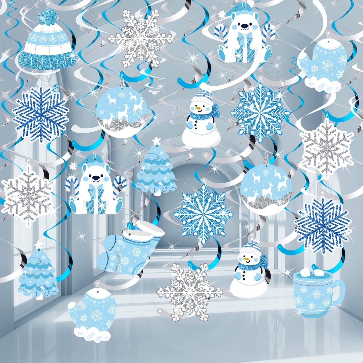 30Pcs Winter Wonderland Party Decorations Winter-Themed Hanging Swirls Snowflake Snowman Ceiling Hanging Streamers Ornaments for Xmas Wonderland Frozen New Year Birthday Party Supplies