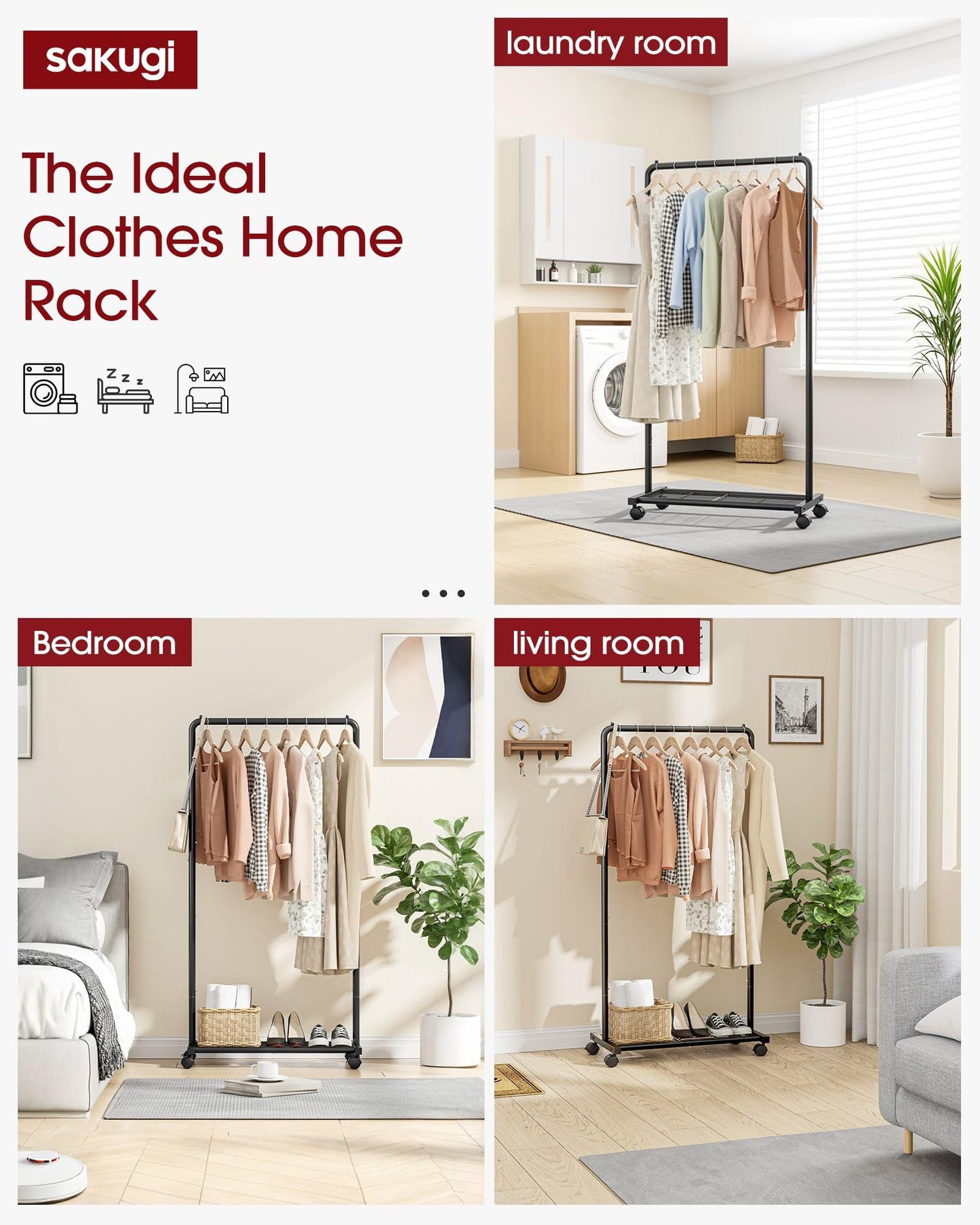 Sakugi Clothes Rack - Clothing Rack with Storage Mesh Shelf & Casters, Heavy-Duty Metal Clothing Rack for Hanging Clothes, Dresses, Coats, Large Load Capacity, Easy Assembly, Black, 28.0"x16.9"x59.0"