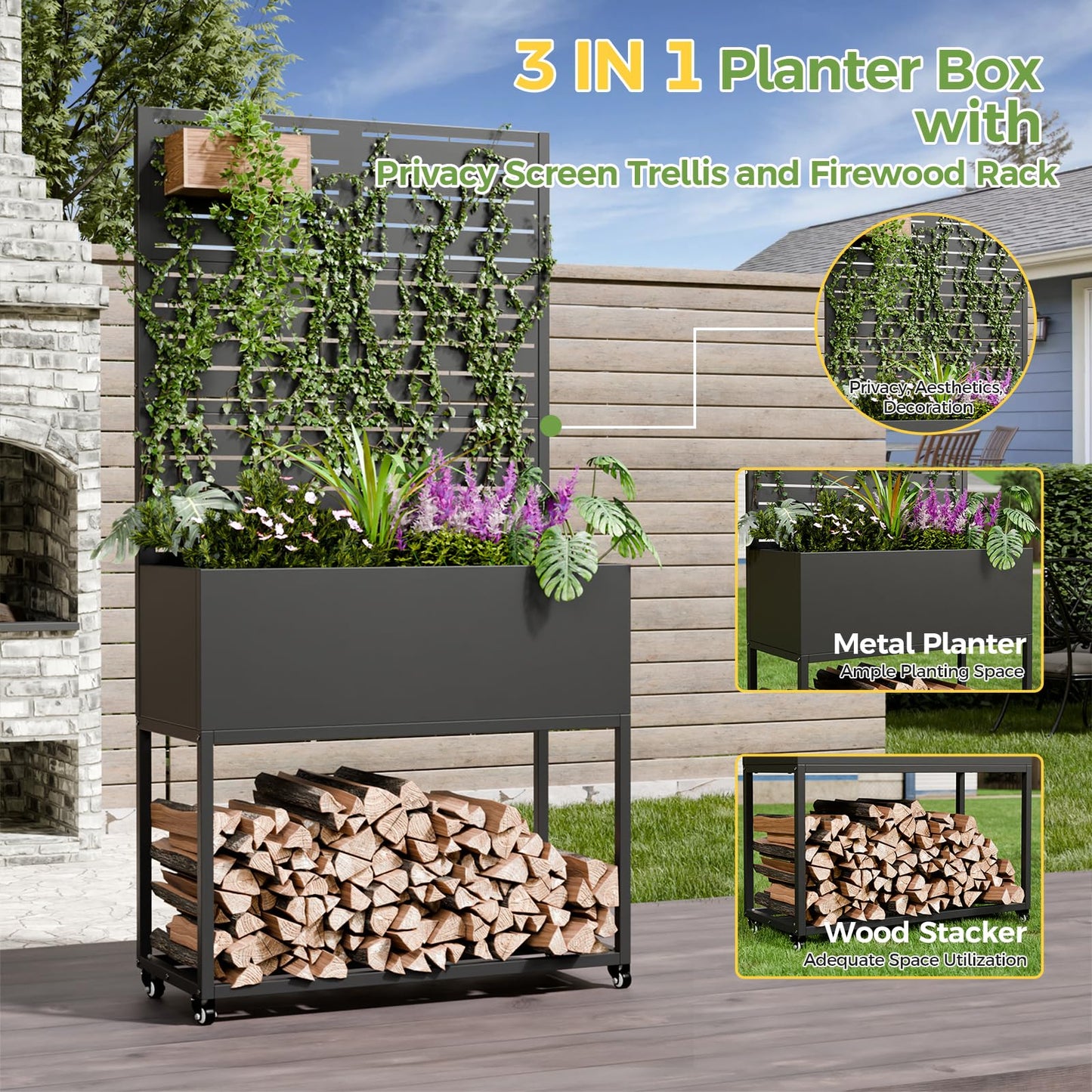 Diyfire Metal Planter Box with Trellis, 67"x35"x16"Metal Raised Garden Bed with Drainage Holes, Raised Garden Beds Outdoor, Privacy Planters Trellis for Climbing Plants, Patio,Garden, Wheels, Black
