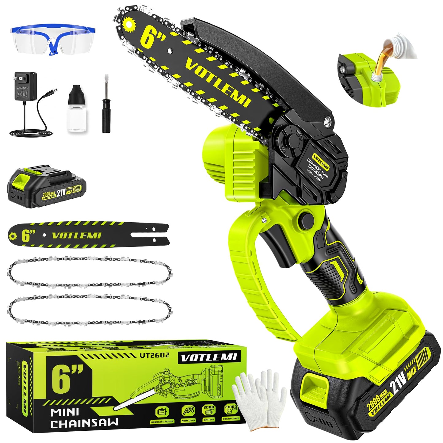 VOTLEMI Mini Chainsaw Cordless, 6 Inch Electric Chainsaw with 2000MAH Battery, 1000W Handheld Battery Powered Chain Saw with Auto Oiler, Gifts for Wood Cutting/Tree Trimming
