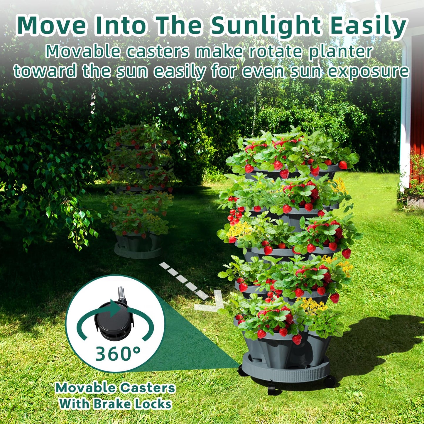 Tectsia 7 Tiered Strawberry Vertical Planters Tower Garden 2 Pack, Stacking Herb Vegetable Planter with Support Pole Indoor and Outdoor - Dark Grey