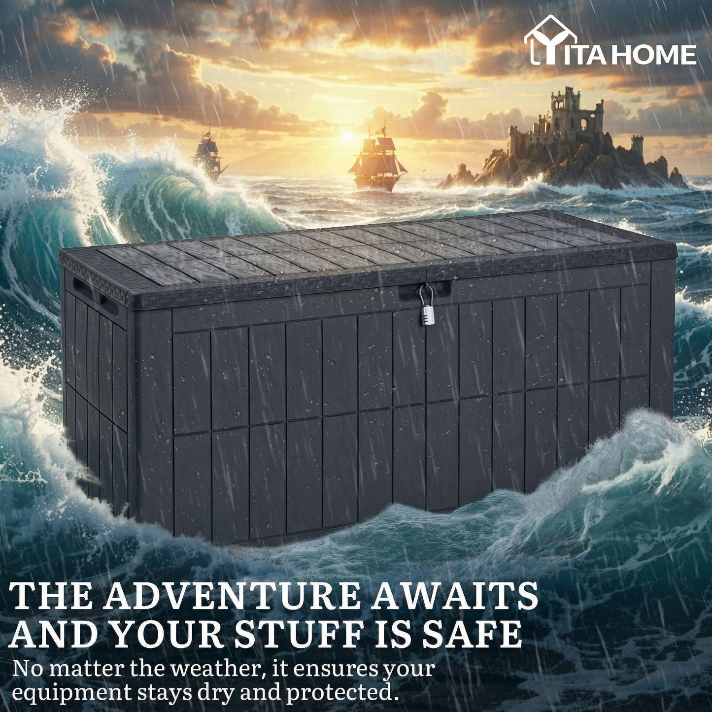 YITAHOME 134 Gallon Large Deck Box, Waterproof Resin Outdoor Storage Box with Lock, Doubles as 2-Person Bench Seating for Patio Furniture Cushions,Garden Tools & Pool Accessories, Dark Gray