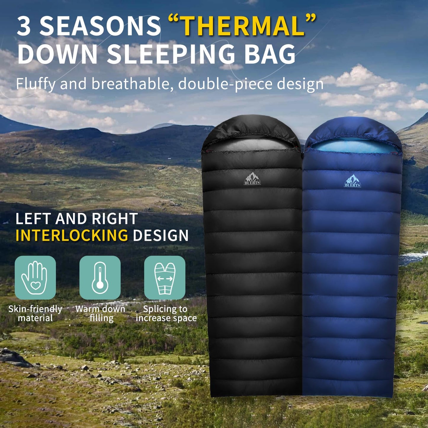 BUERTS Down Sleeping Bag for Adults. 680FP Ultralight Portable, Backpacking Sleeping Bag for Hiking, Camping, Mountaineering, expeditions and Backpacking. with Compression Sack
