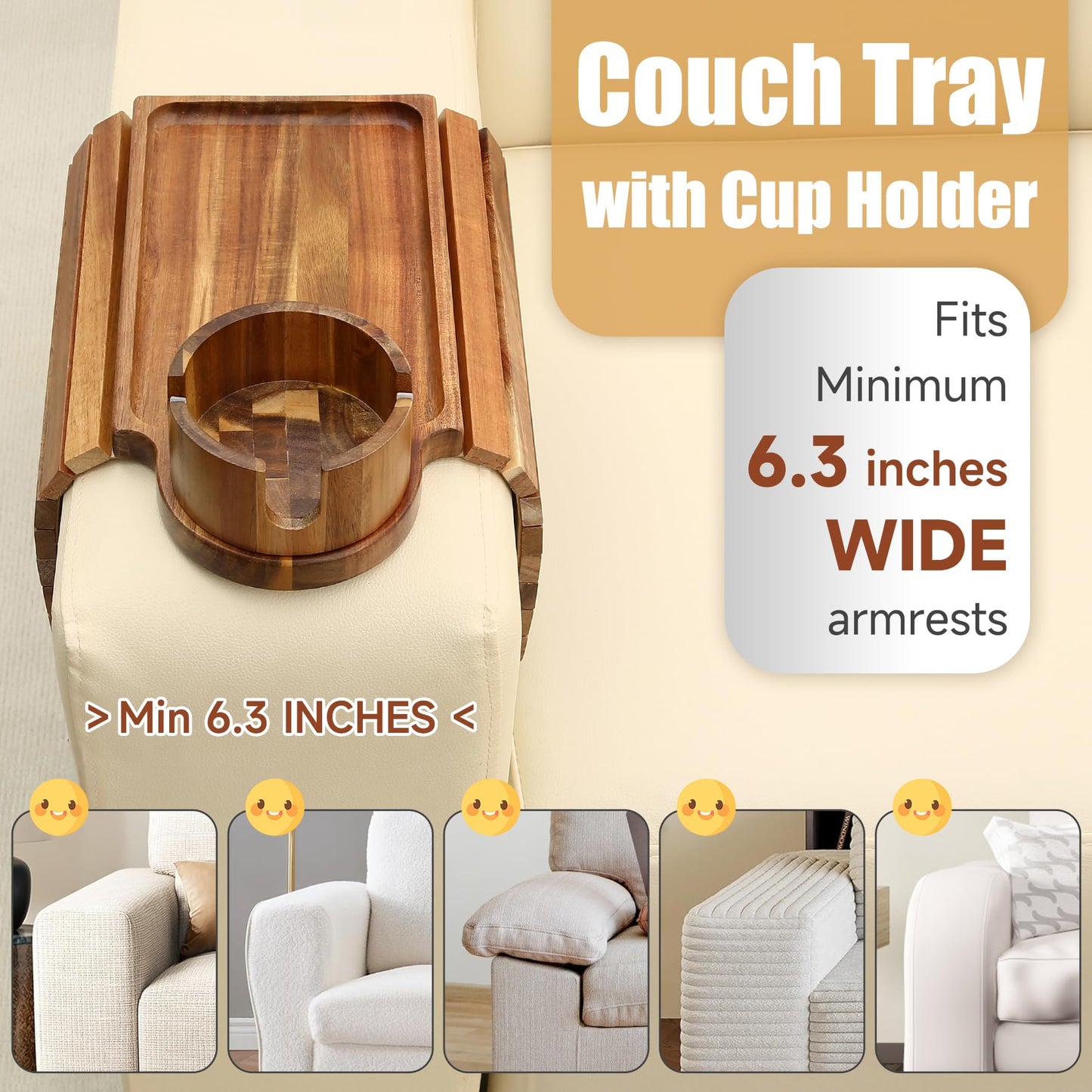 SINWANT Couch Cup Holder Tray,Acacia Wood Sofa Arm Clip on Tray Table with 360° Rotation Cup Holder,Foldable Anti-Slip Couch Armrest Table for Coffee Mug,Water Bottles,Snacks,Remote on Large Armrest