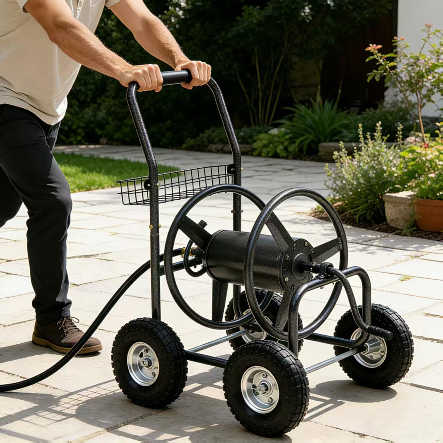 Autodaya Garden Water Hose Reel Cart - 250 ft. Capacity, 10" Pneumatic Tires, Powder-Coated Steel Frame for Tangle-Free Garden Hose Storage