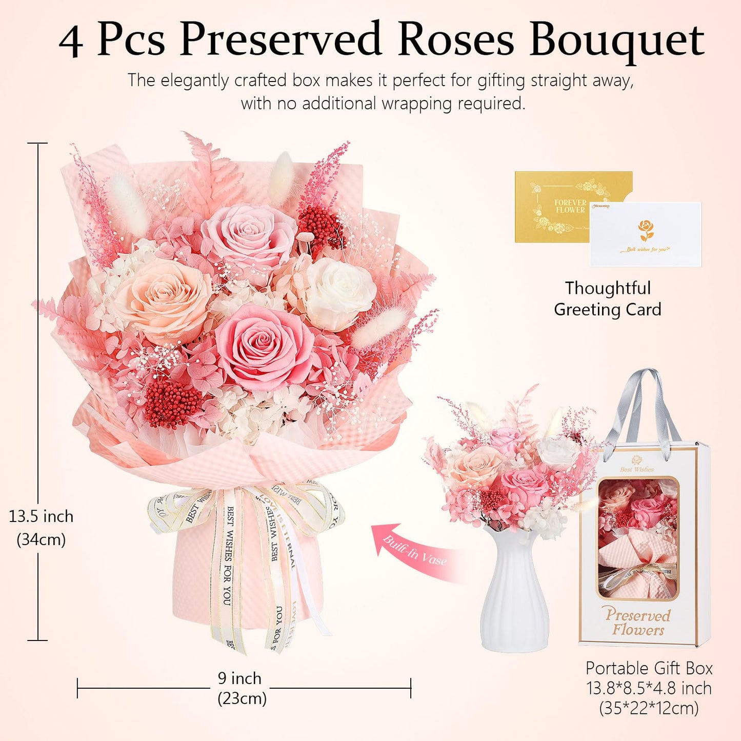 Preserved Flowers Bouquet 4 Roses - Pink Roses & Flowers for Delivery, Long-Lasting Real Roses Forever, Mothers Day Gifts for Mom Grandma Wife, Anniversary Birthday Gifts for Women