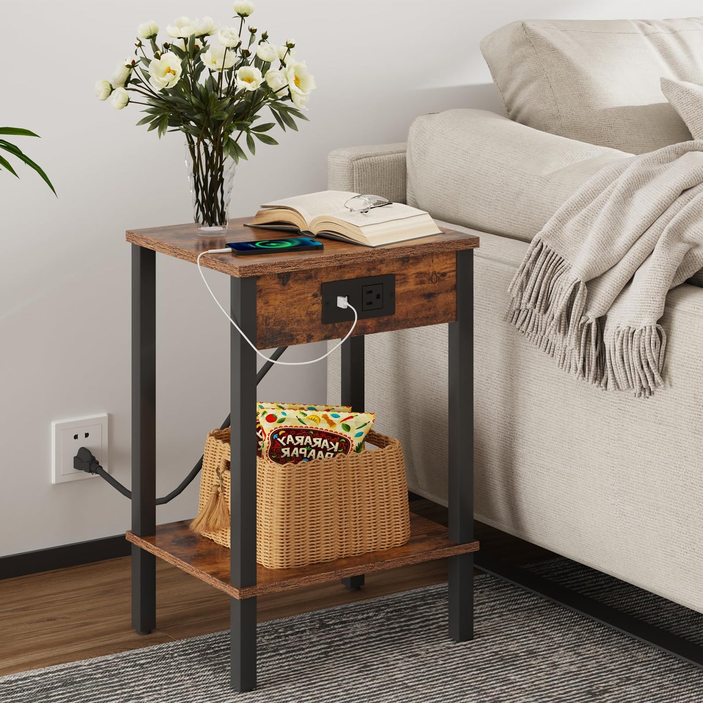 VIMBER Side Table with Charging Station, Set of 2 End Tables with USB Port and Outlets, Nightstands with 2-Tier Storage Shelves, Sofa Table for Small Space, Living Room, Bedroom, Rustic Brown 102F2