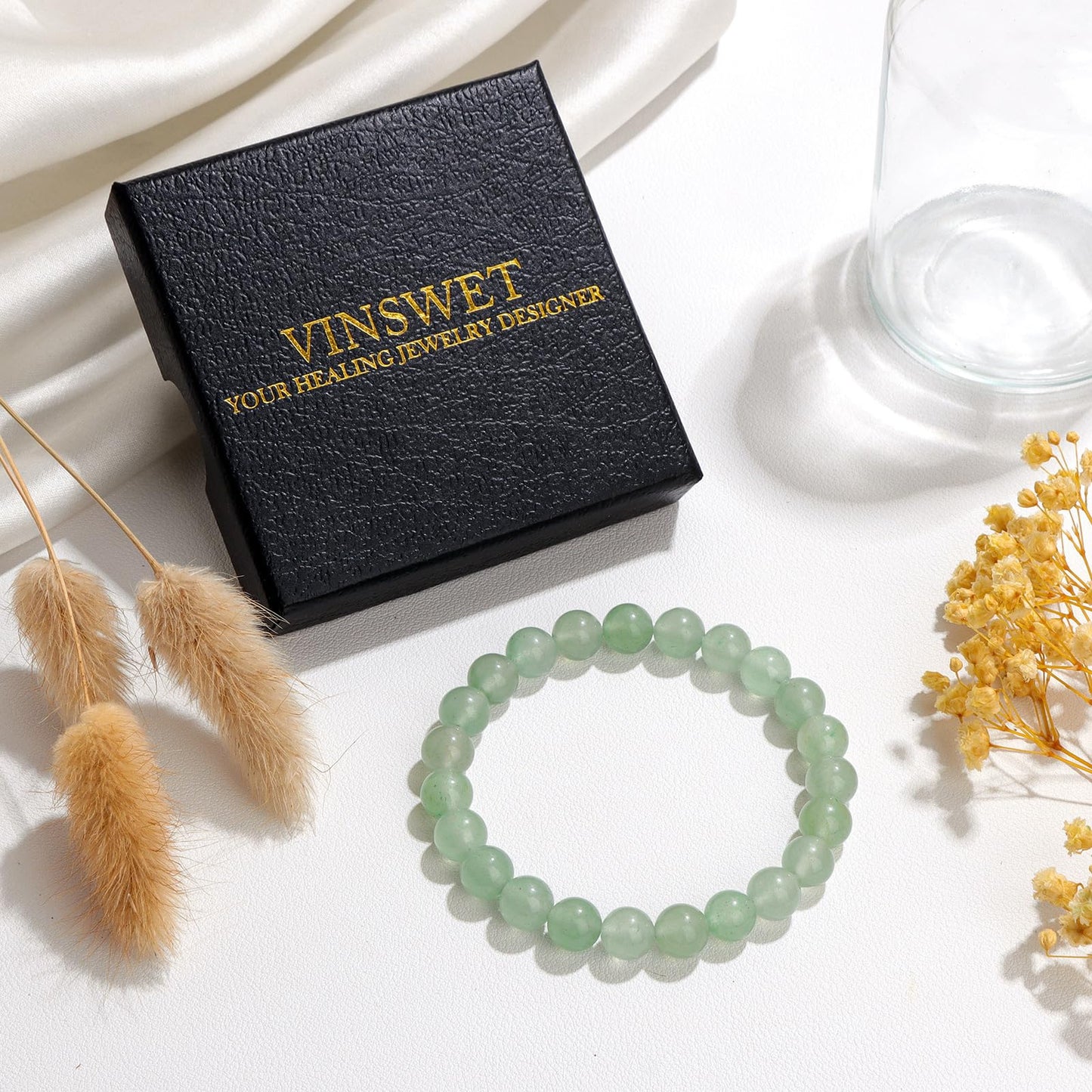 Vinswet Healing Crystal Bracelets for Women Men 8mm Green Aventurine Natural Stone Beaded Stretch Bracelet Handmade Gemstone Reiki Spiritual Jewelry Gifts