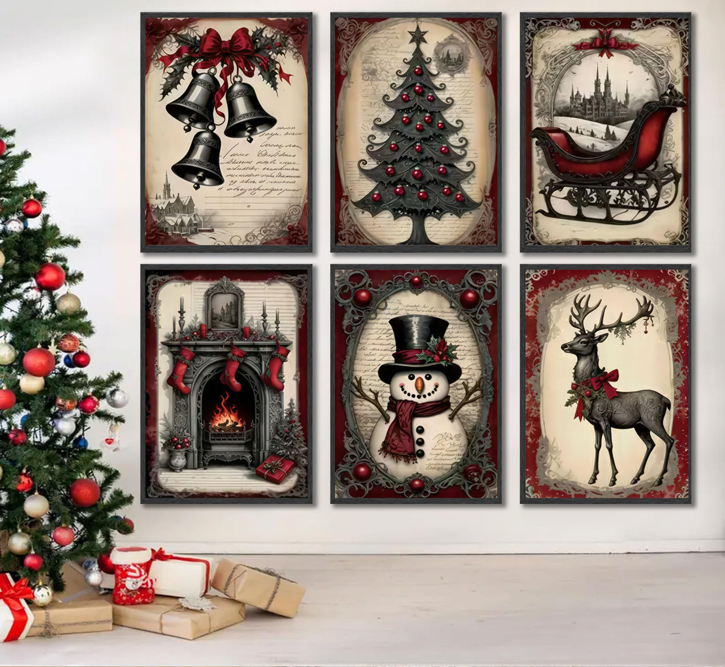 6pcs Christmas Canvas Wall Art Red Christmas Tree Snowman Elk Posters Prints Paintings Winter Landscape Festive Elements Wall Decor Pictures for Living Room And Bedroom Furniture Decoration Unframed