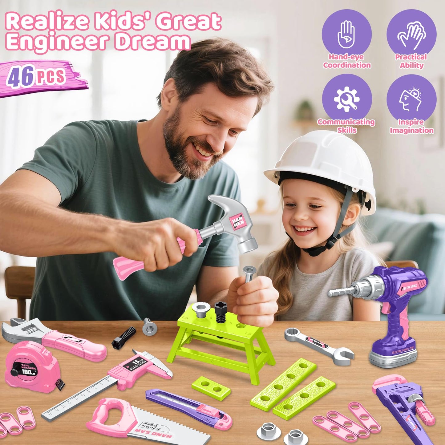Kids Tool Set with Portable Tool Box & Electronic Toy Drill, Toddler Tool Set, Construction Tools for Kids Ages 3 4 5 6, 46 Pcs Tool kit for Christmas & Birthday Gifts for Girls