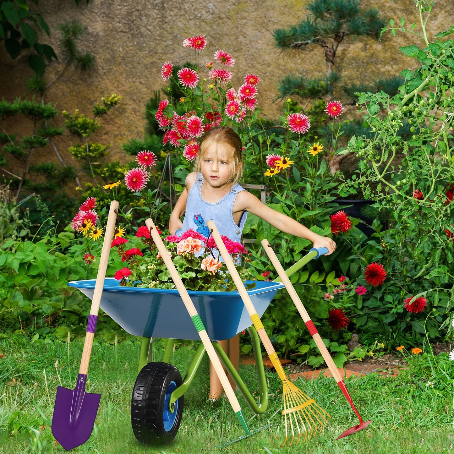 DaisyInner 5 Pcs Kids Gardening Tool Set Include Kids Wheelbarrow Metal Small Toddler Wheelbarrow Wagon with 4 Piece Kids Shovel, Rake, Hoe, Leaf Rake Wooden Gardening Tools for Boys and Girls