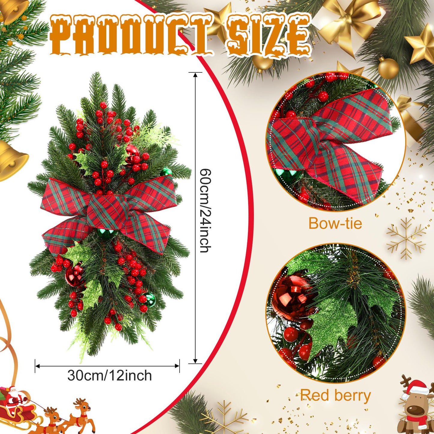 Lyrow 4 Pcs Christmas Artificial Swags 24" Xmas Stairway Swag Teardrop Trim Red Green Grid Christmas Staircase Decoration Garland for Indoor Outdoor Railing Decor(Red Green)