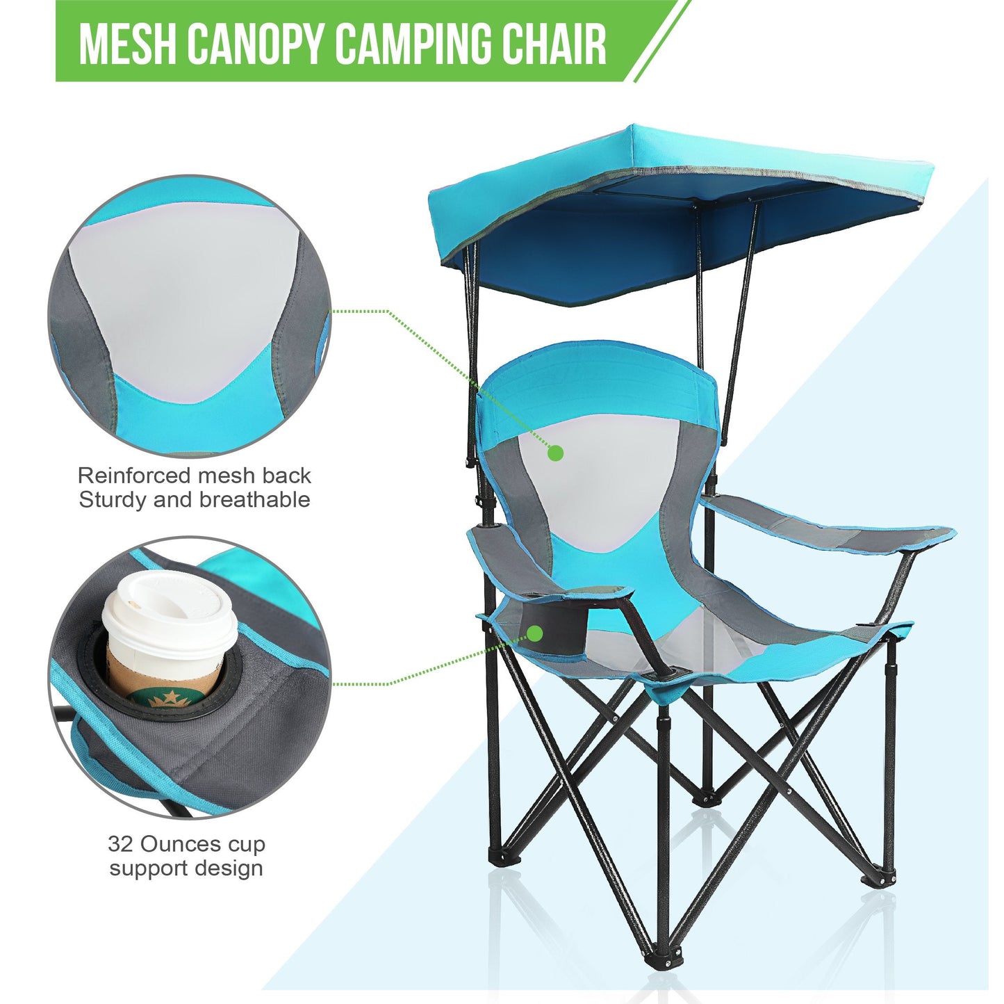 ALPHA CAMP Heavy Duty Canopy Camping Chair, 350 lbs Capacity Oversized Folding Chair with Adjustable Sunshade, Portable Sunshade Chair with Cup Holder for Beach, Fishing, Outdoor, Enamel Blue