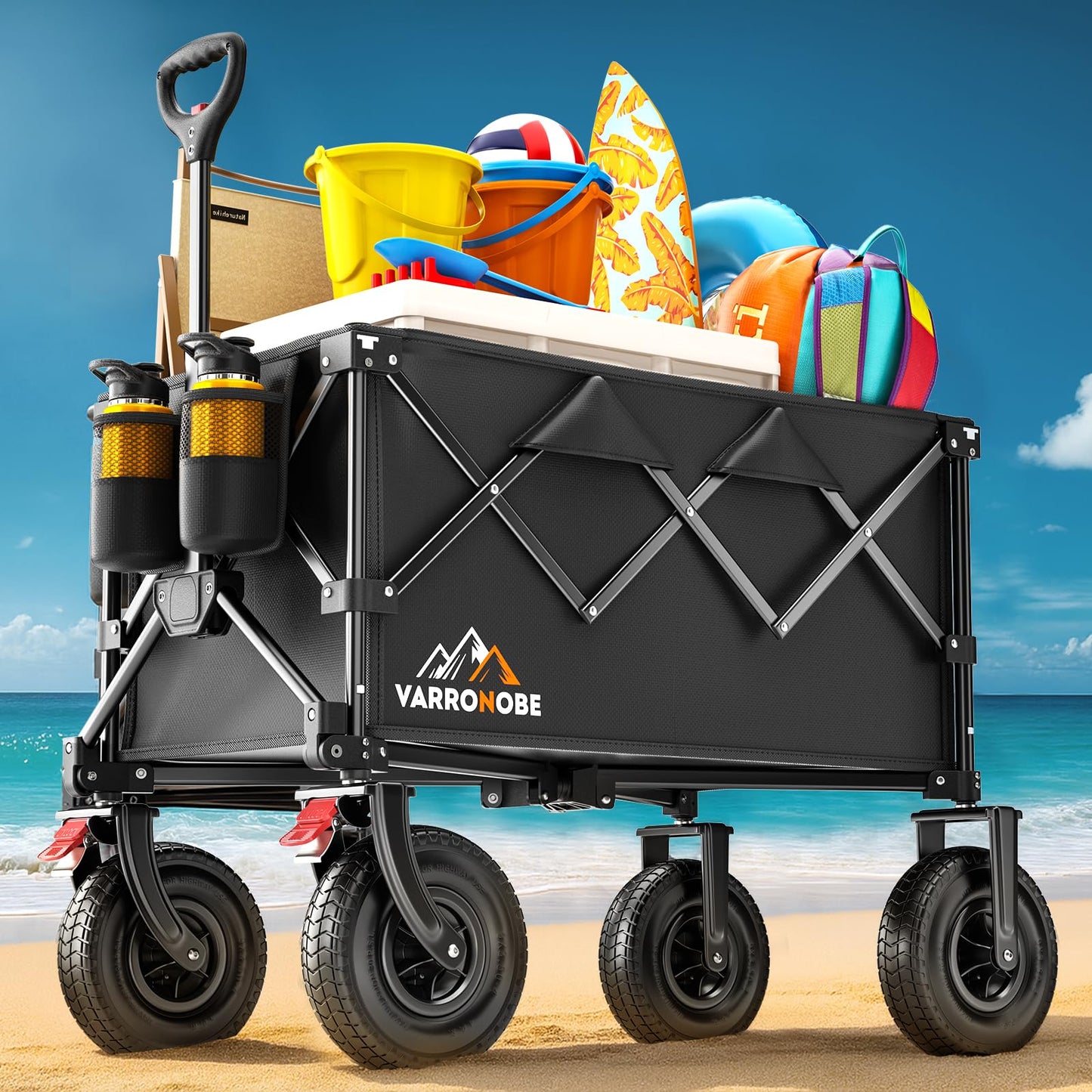 Big Rubber Wheels Beach Wagon Cart Foldable, 9x3 All-Terrain Wheels, Heavy Duty Collapsible Utility Wagon with 330lbs Capacity, 180L Storage, Compact, Easy Transport for Sand Camping Sports, Black