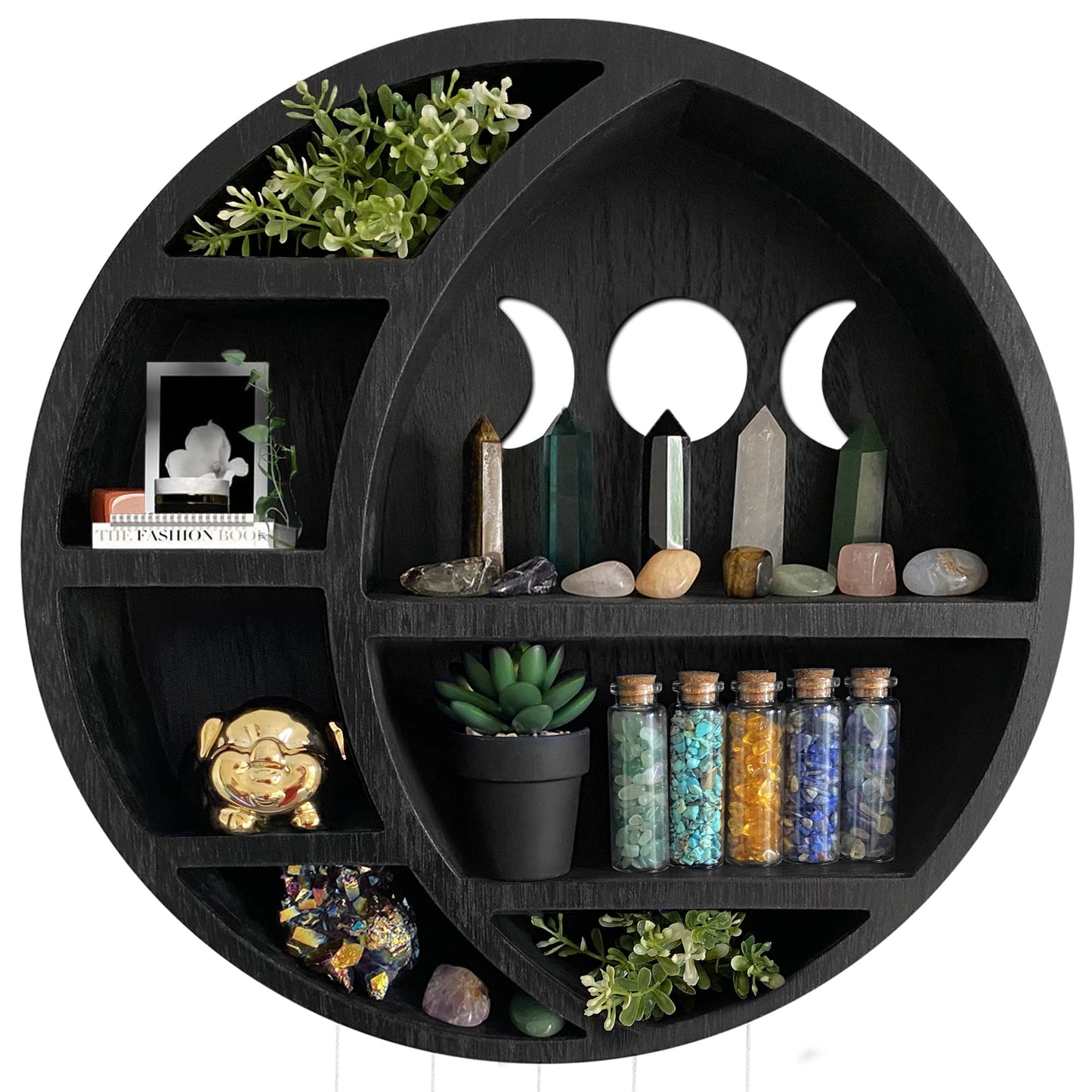 Ella & Emma Wooden Moon Shelf for Crystals - Crescent Moon Crystal Shelf, Storage & Wall Hanging Shelves for Bedroom Aesthetic, Moon Phase Wall Decor & Crystal Display Shelf, Pinewood, Black