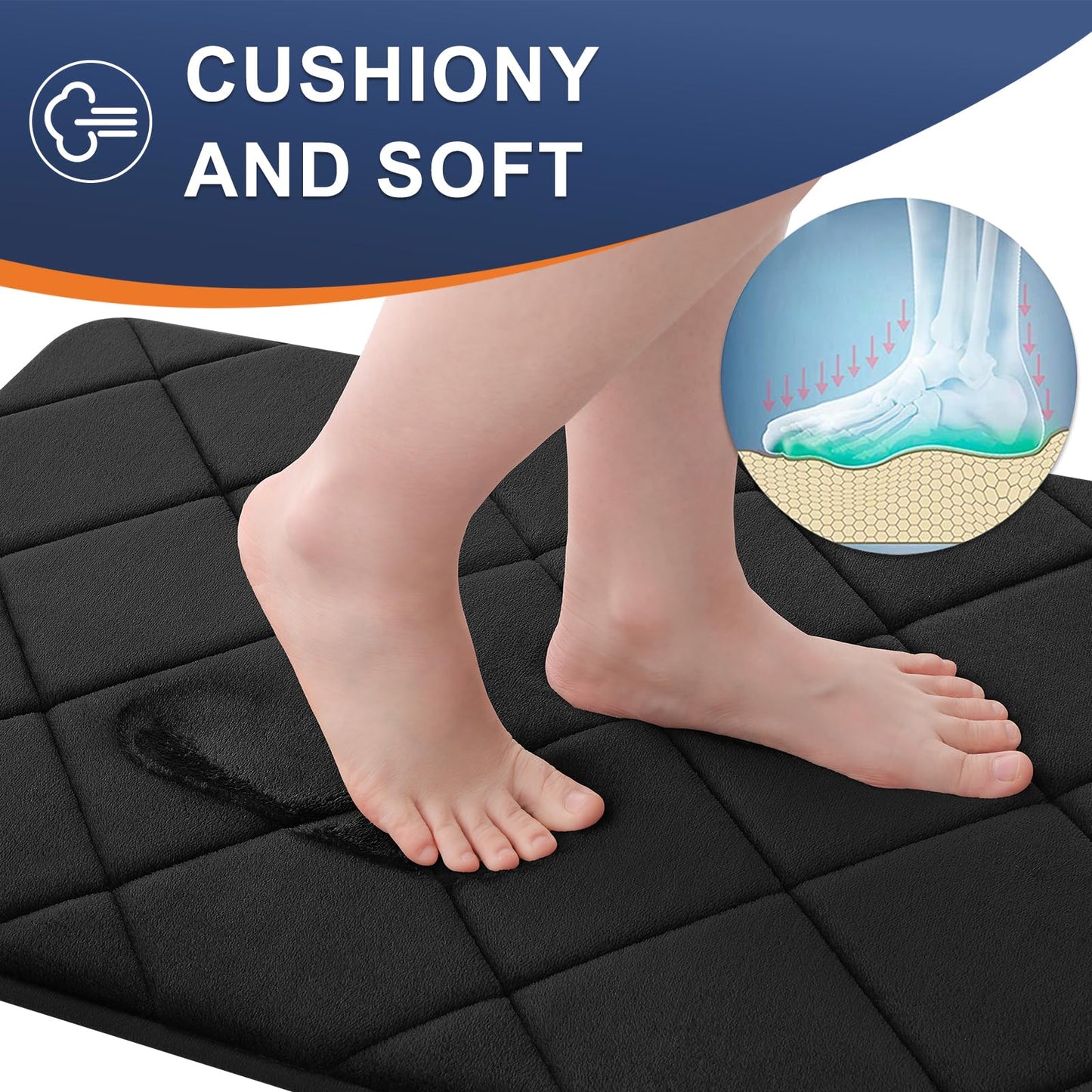 OLANLY Memory Foam Bath Mat 30x20, Ultra Soft and Absorbent Bathroom Rugs, Machine Washable, Comfortable Bath Carpet for Bathroom Floor, Tub and Shower, Black