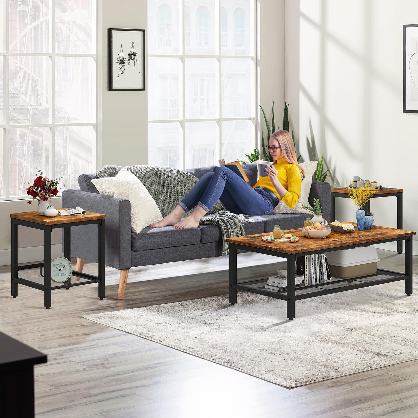DKLGG Coffee Table Set of 3, Vintage Wood Coffee Table & 2 End Tables, Square Tabletop Modern Industrial Living Room 3-Piece Set for Apartment Home Office, Rustic Brown
