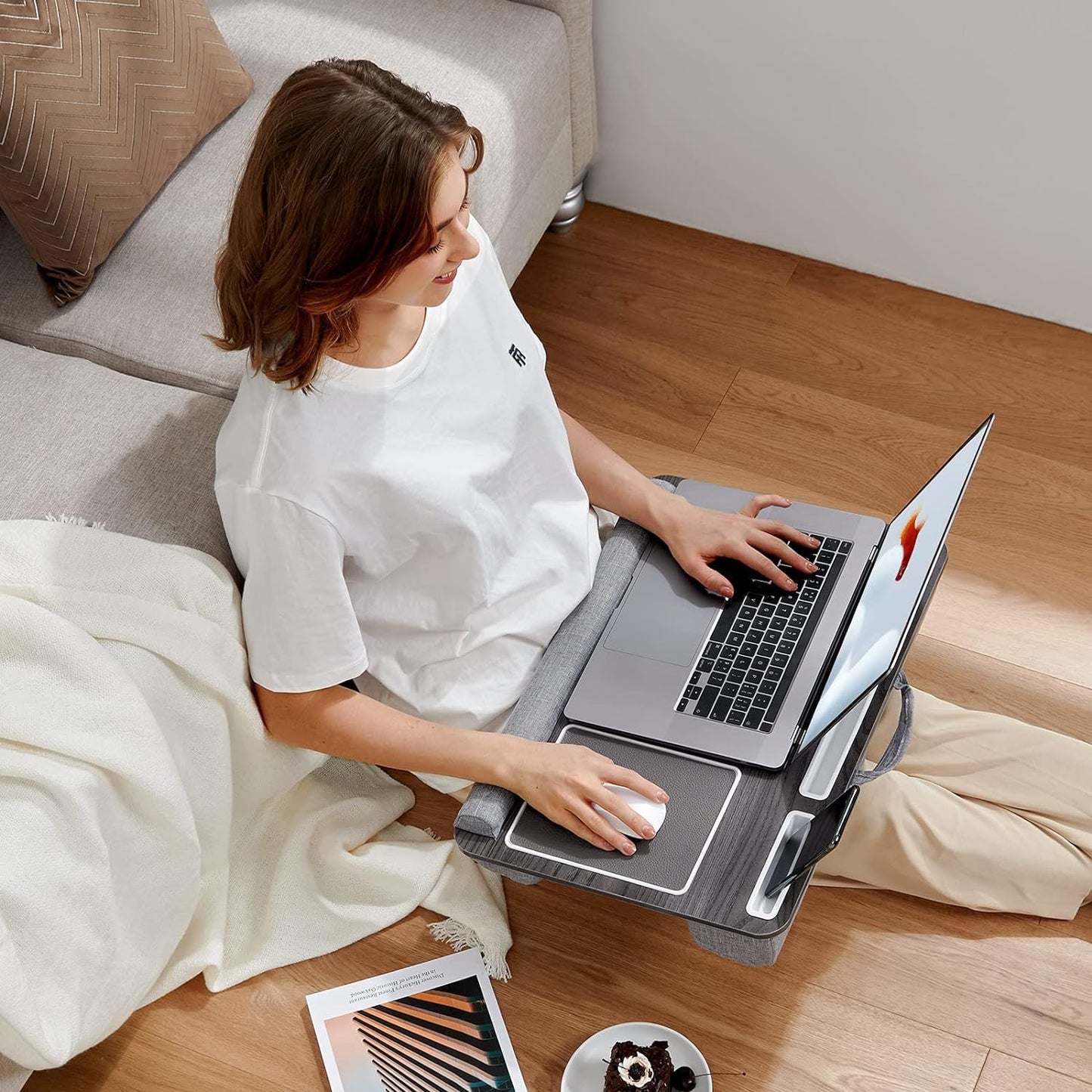 HUANUO Lap Desk - Fits up to 17 inches Laptop Desk, Built in Mouse Pad & Wrist Pad for Notebook, Laptop, Tablet, Lap Stand with Tablet, Pen & Phone Holder, Black Woodgrain